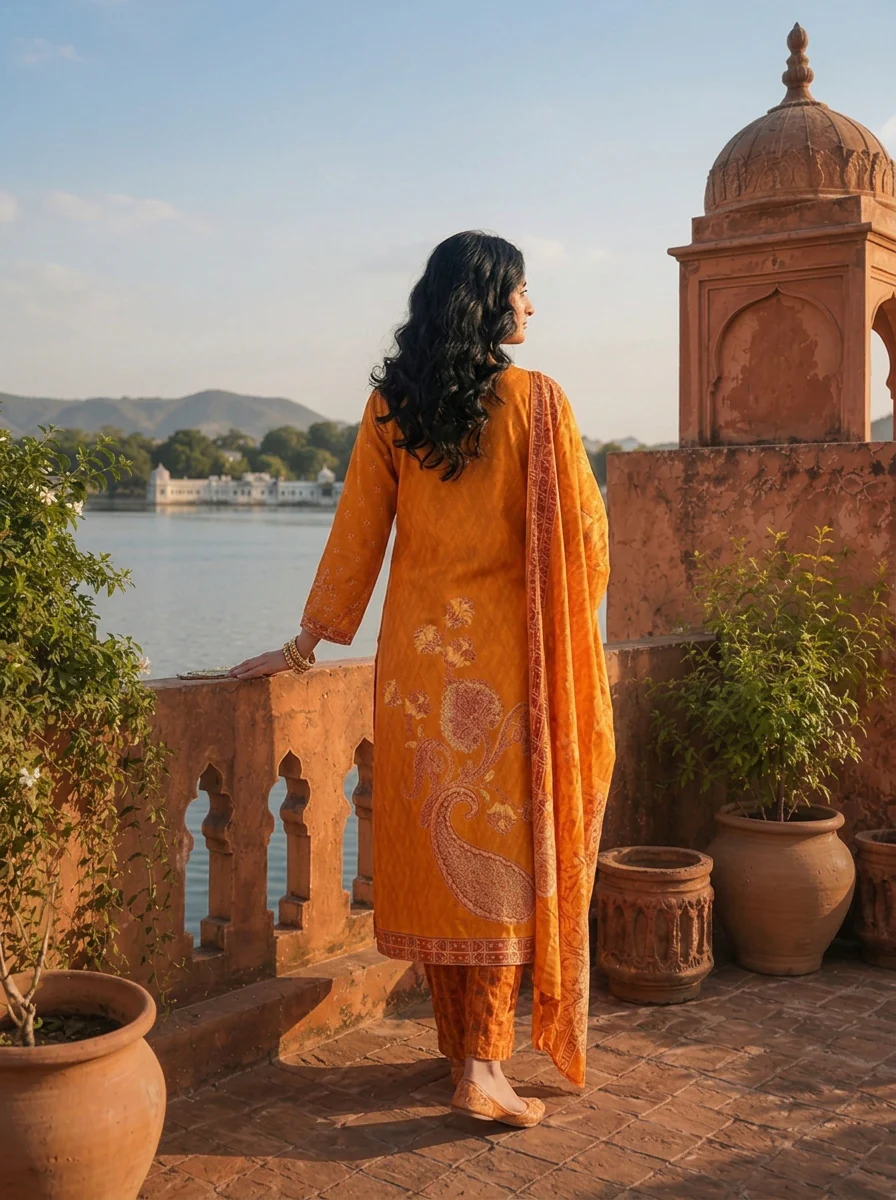 Gold Rayon Paisley Floral Printed Three Piece Set - Image 2