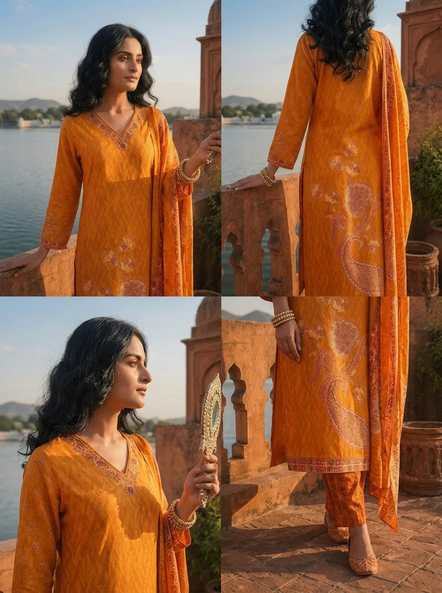 Gold Rayon Paisley Floral Printed Three Piece Set - Image 5