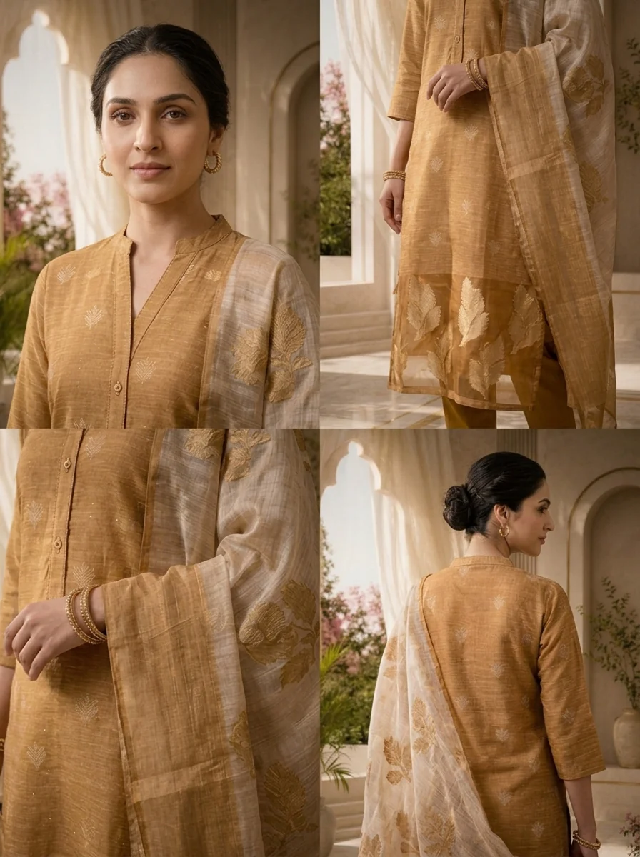 Gold Silk Three Piece Set With Gold Leaf Motifs - Image 5