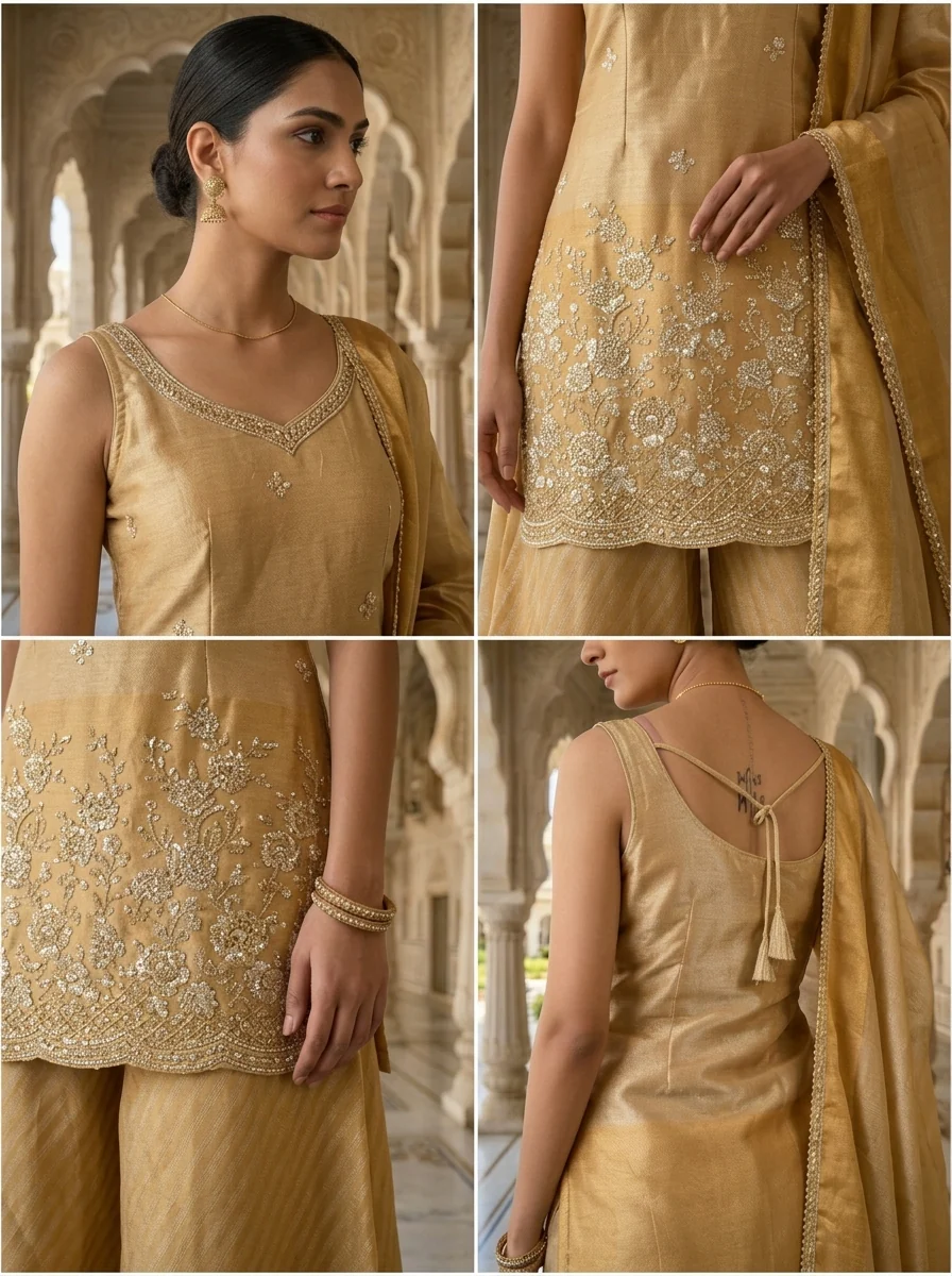 Gold Tissue Aari Floral Embroidery Kurti And Palazzo Set - Image 3