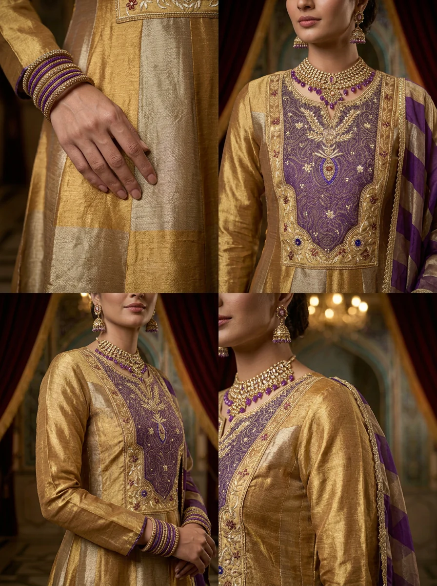 Gold Tissue Beads And Sequins Embroidery Three Piece Set - Image 3