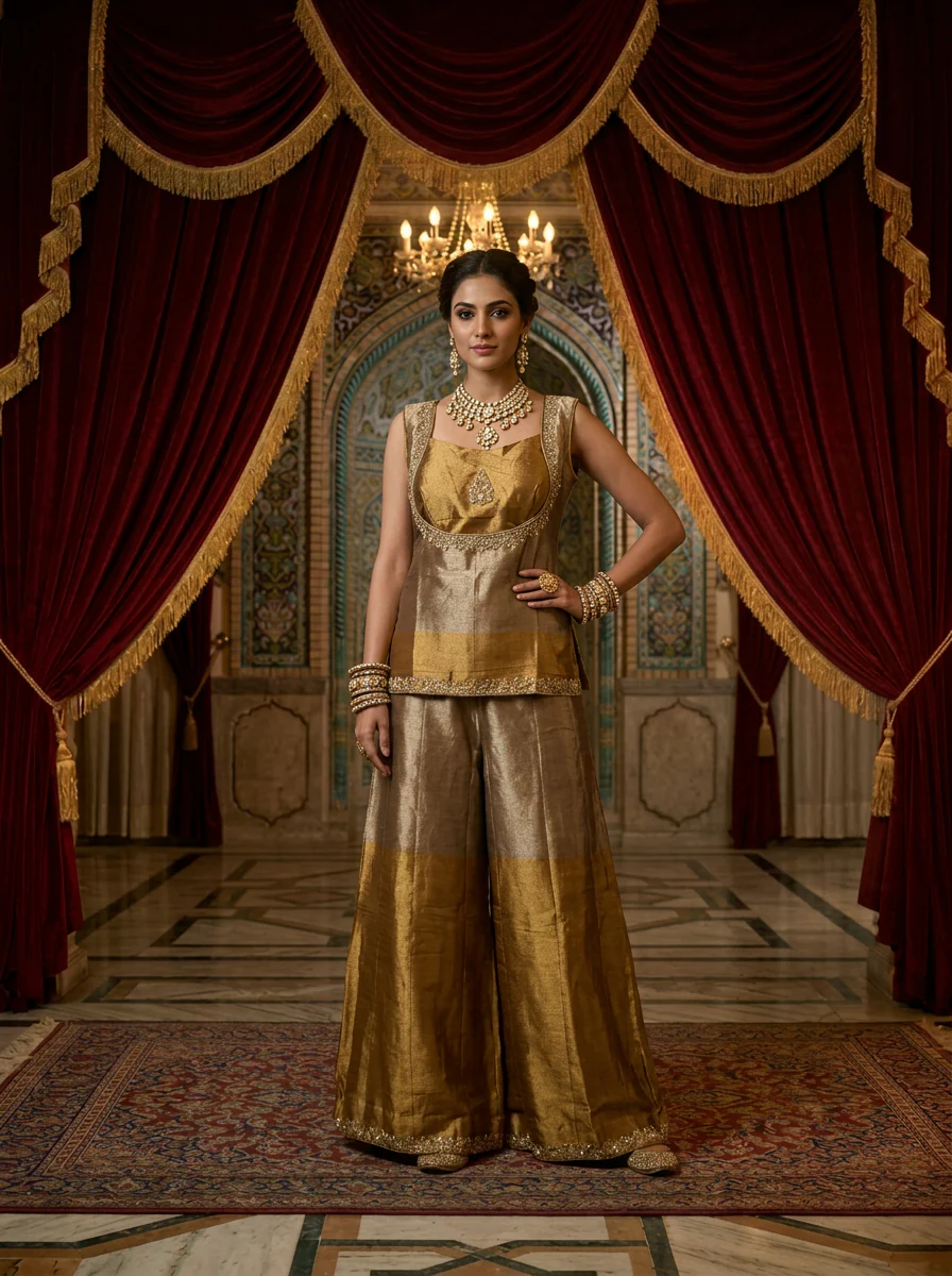 Gold Tissue Beads Embroidery Top and Palazzo With Dupatta