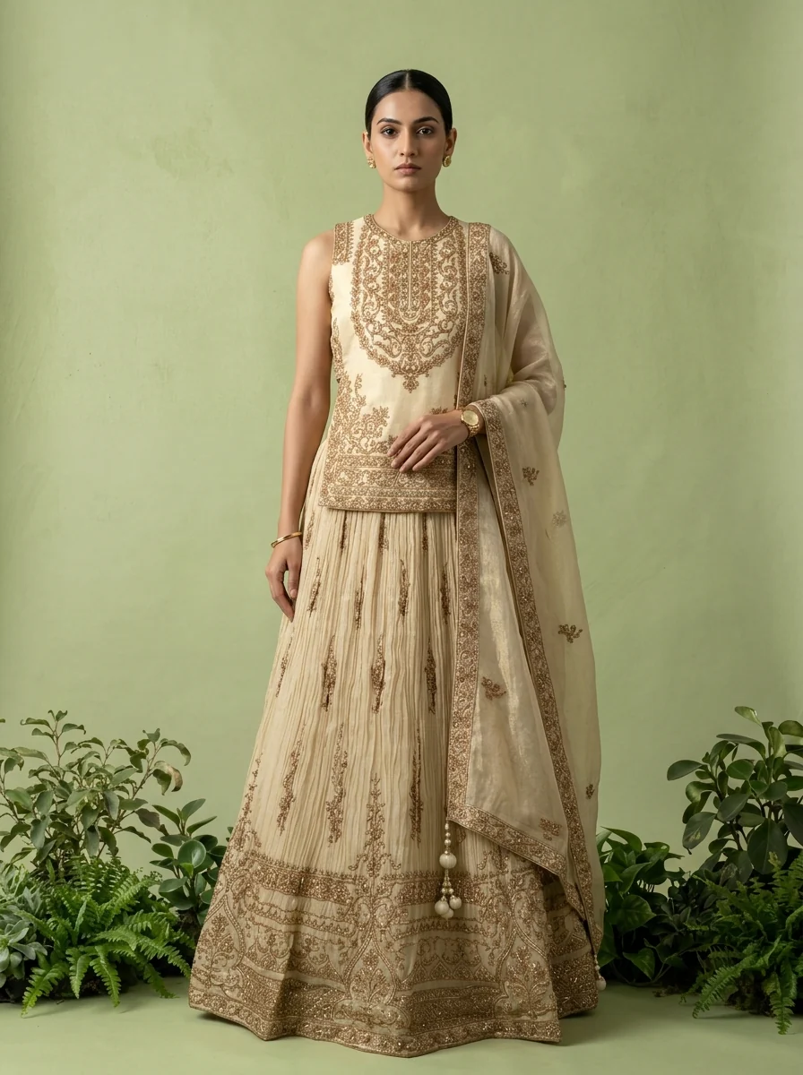 Gold Tissue Heavy Floral Zari Embroidered Ghagra Set - Image 2