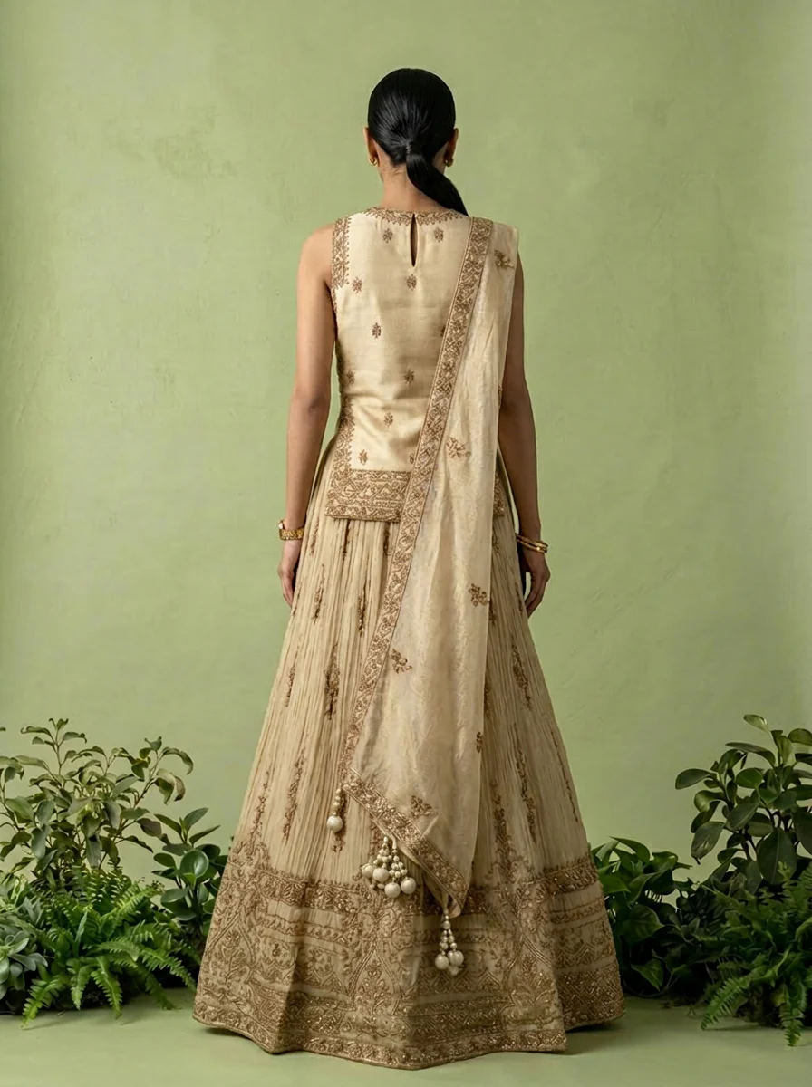 Gold Tissue Heavy Floral Zari Embroidered Ghagra Set - Image 3