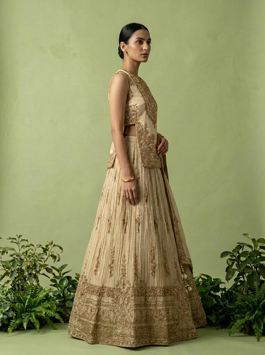 Gold Tissue Heavy Floral Zari Embroidered Ghagra Set - Image 4