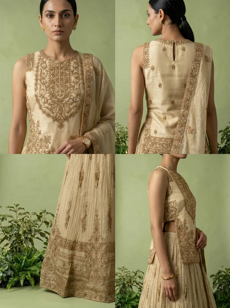 Gold Tissue Heavy Floral Zari Embroidered Ghagra Set - Image 5