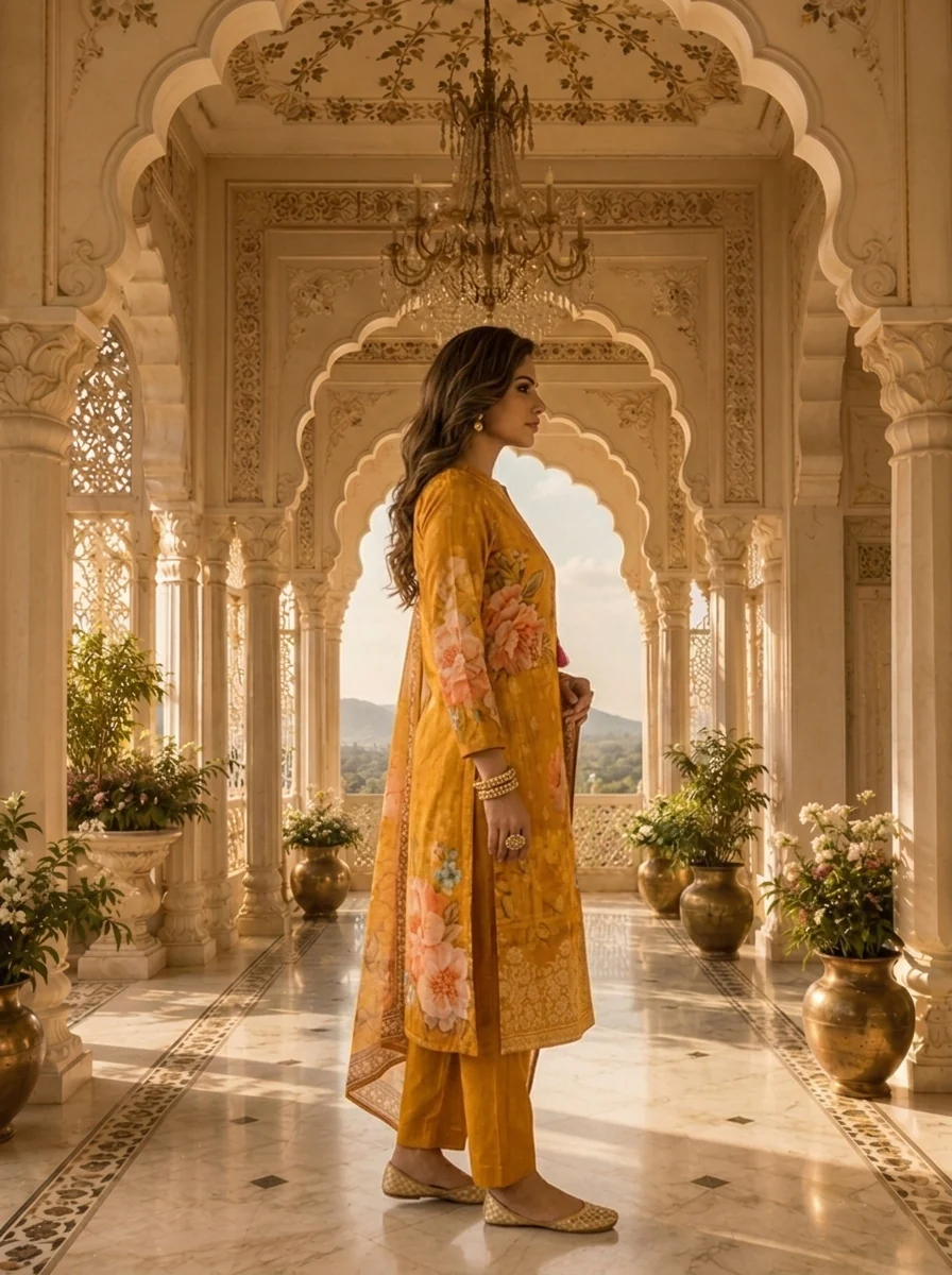Golden Yellow Organza Floral Printed Three Piece Set - Image 3