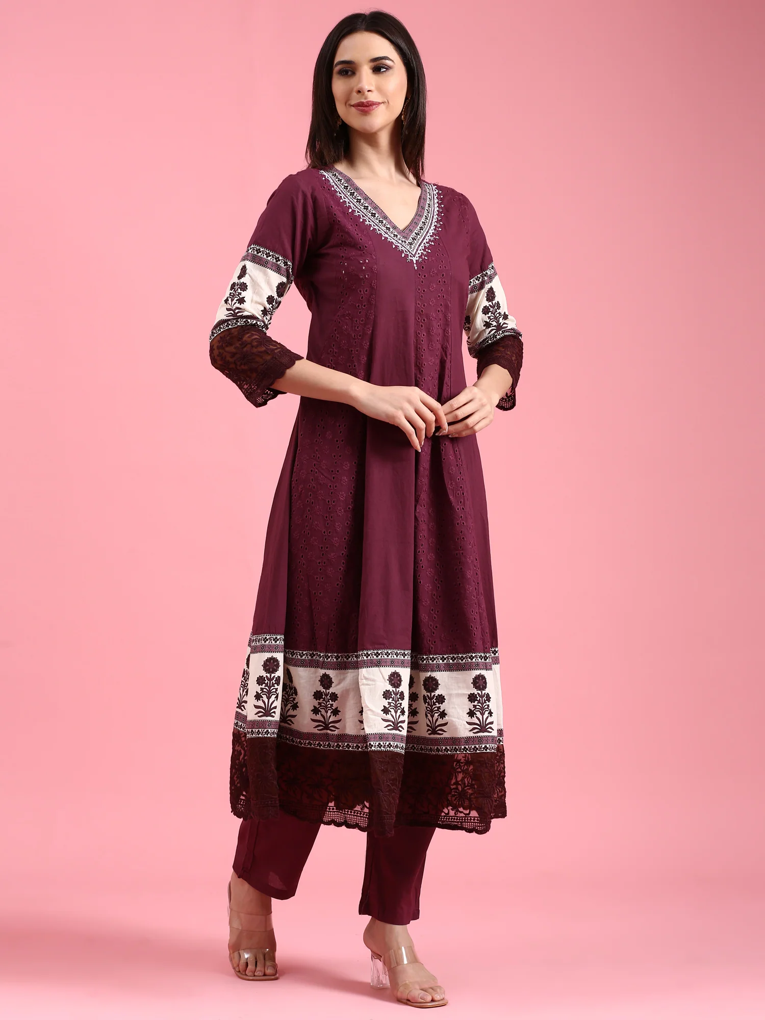 Grape Chikan Anarkali Three Piece Suit Set - Image 2