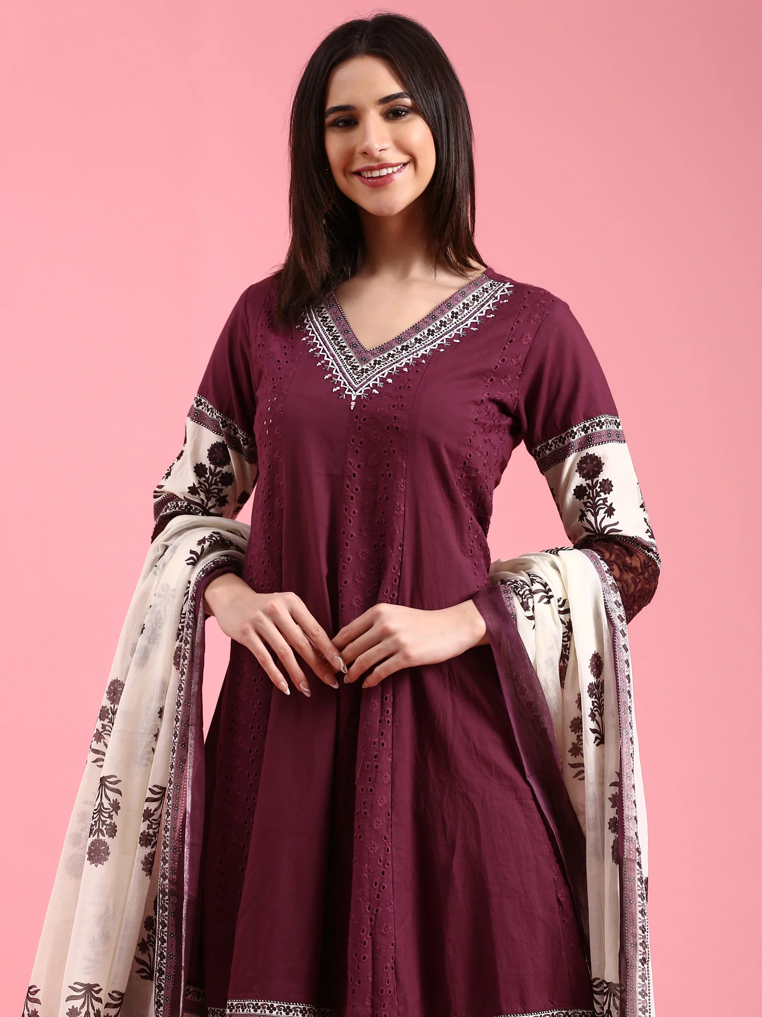 Grape Chikan Anarkali Three Piece Suit Set - Image 5