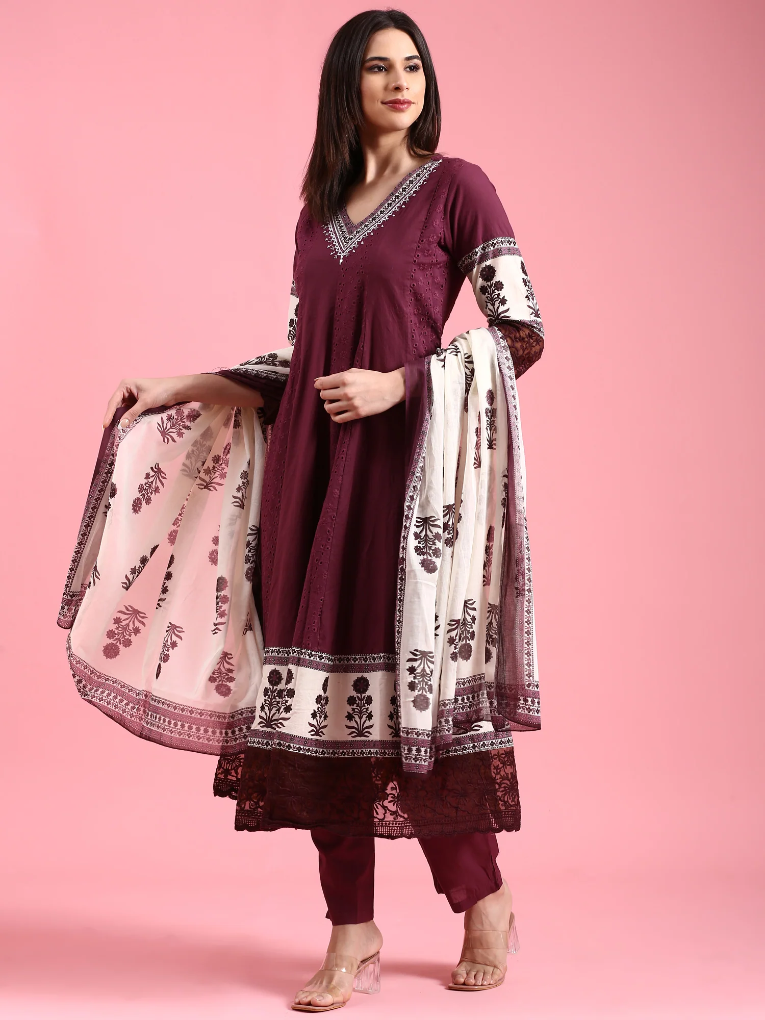 Grape Chikan Anarkali Three Piece Suit Set - Image 6