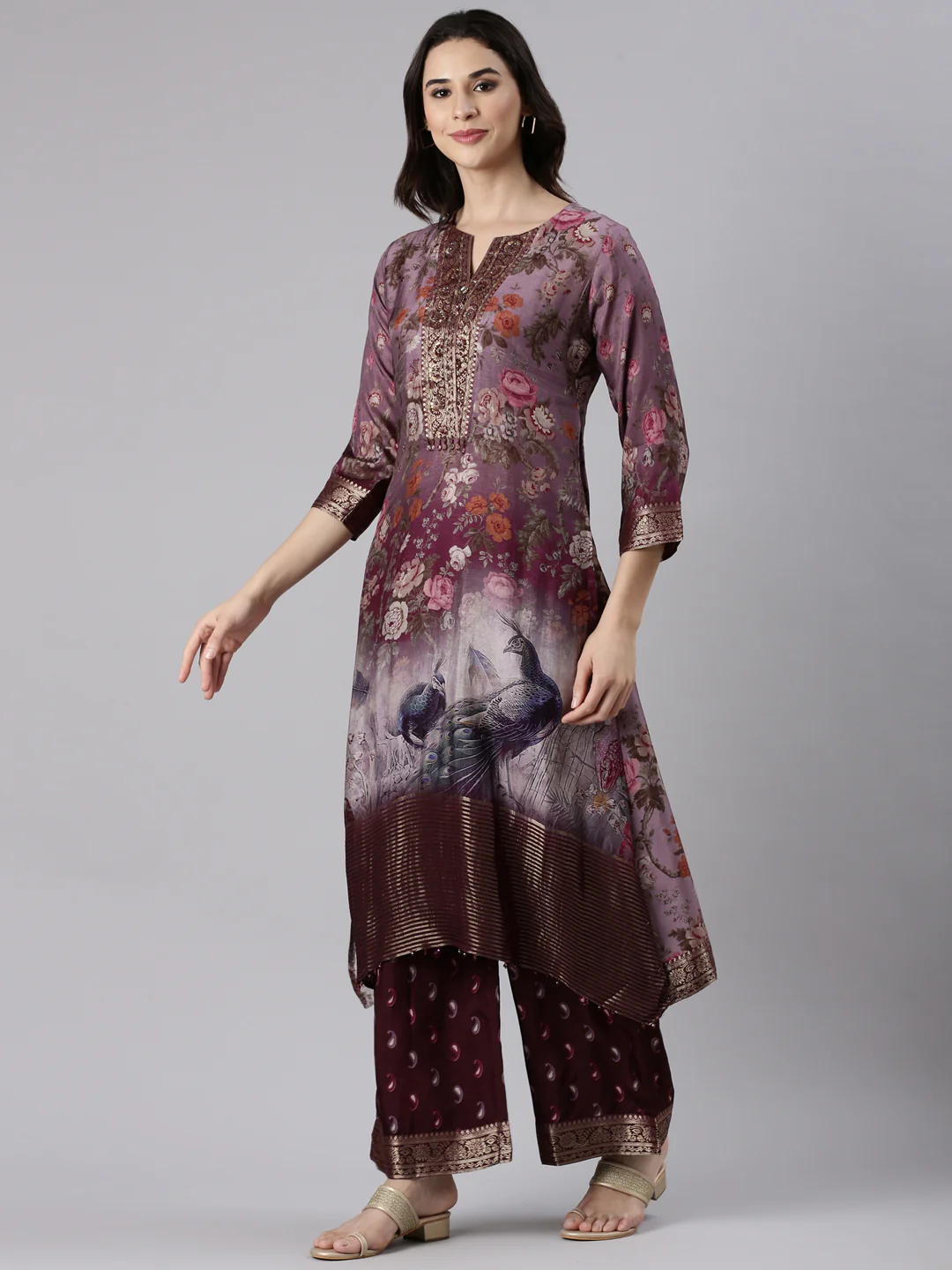 Grape Muslin A Line Cut Three Piece Set - Image 2