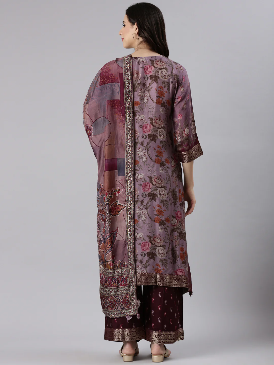 Grape Muslin A Line Cut Three Piece Set - Image 3