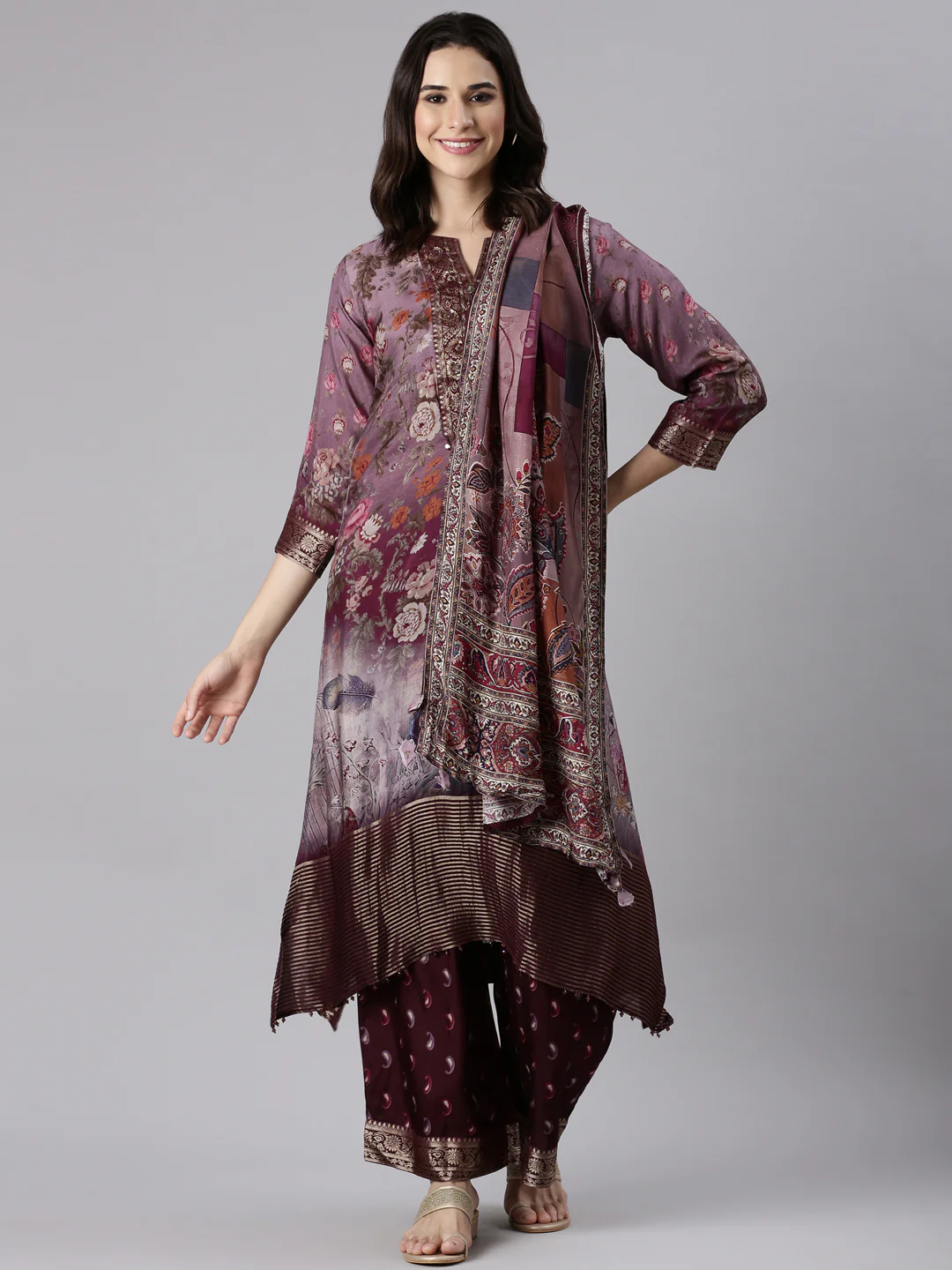 Grape Muslin A Line Cut Three Piece Set - Image 5