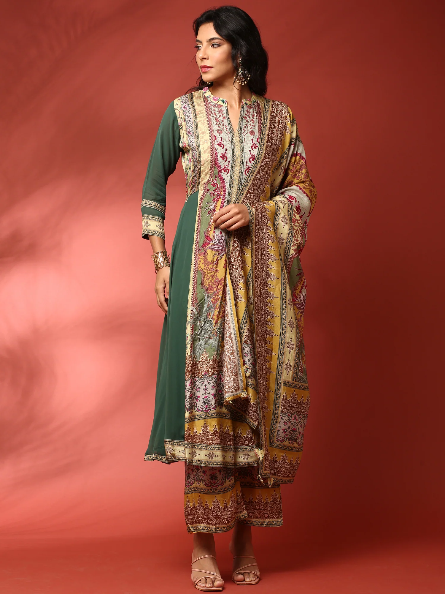 Green and Mustard digital printed embroidered anarkali three piece set - Image 5