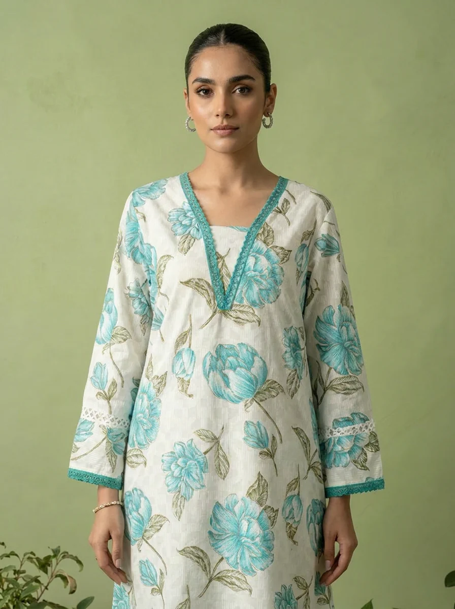 Green And White Floral Printed Cotton Two Piece Set