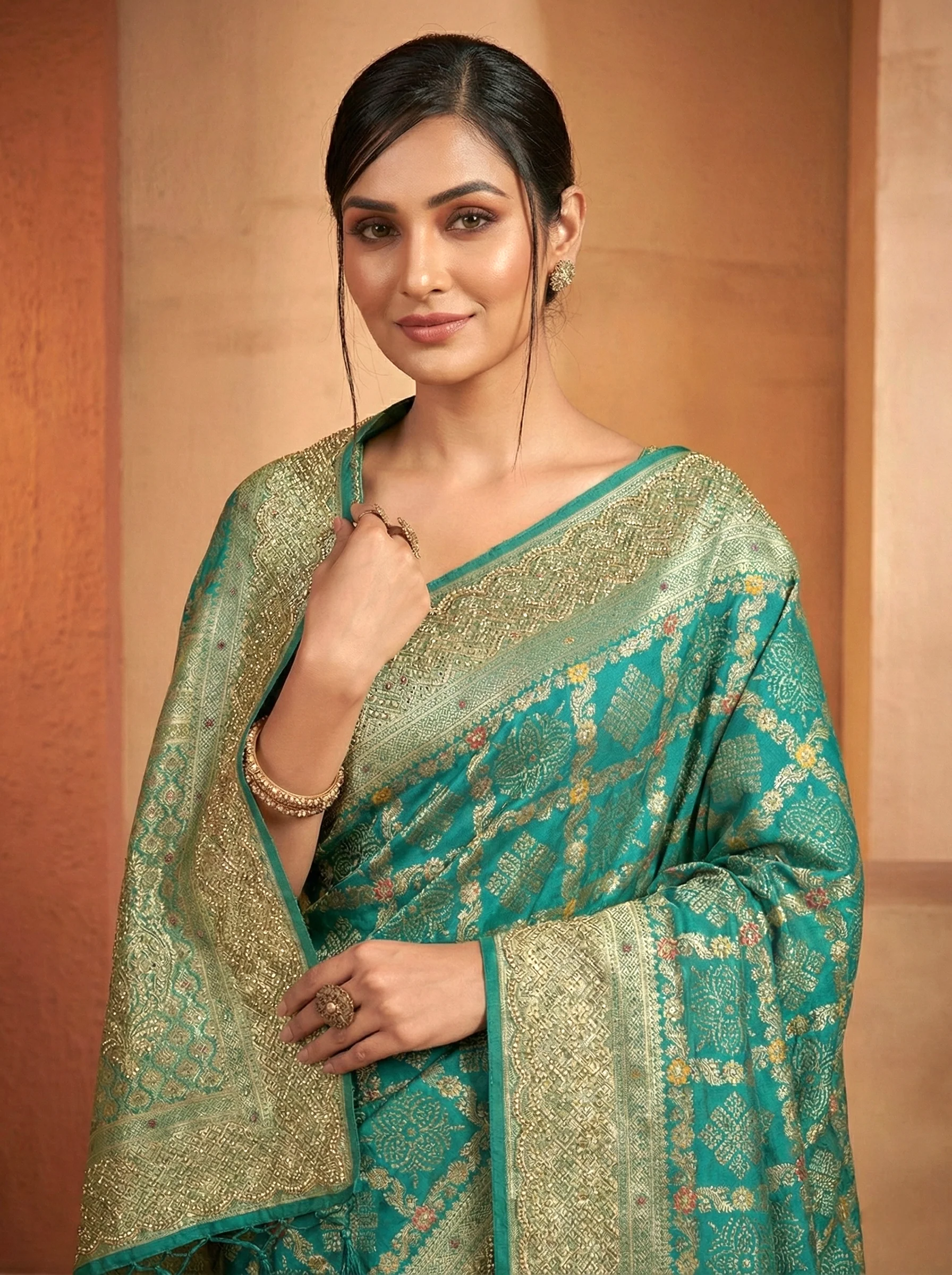 Green Banaras Beads Printed Saree - Image 3