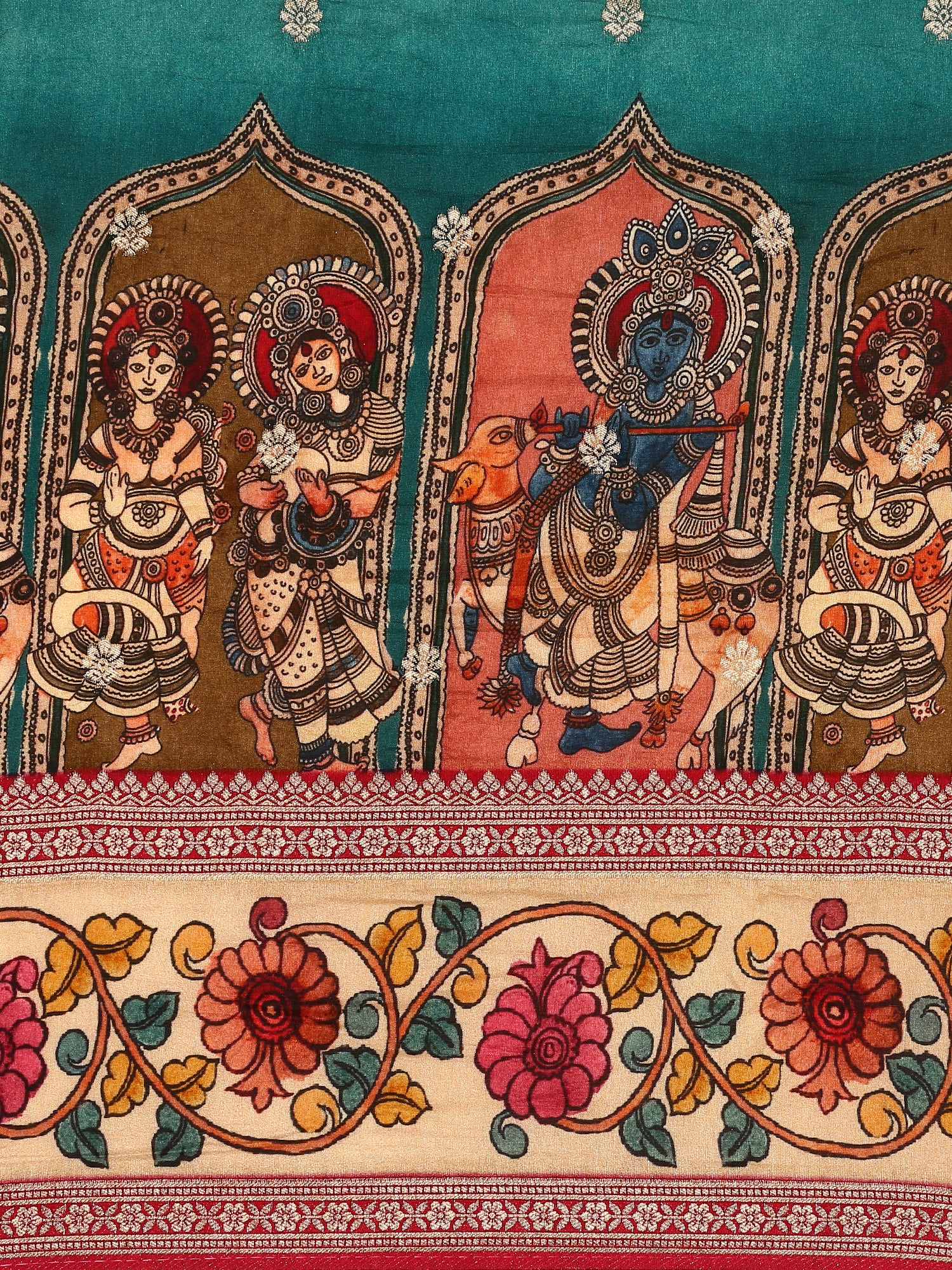 Green Banaras Silk Saree With Kalamkari Printed Border - Image 5