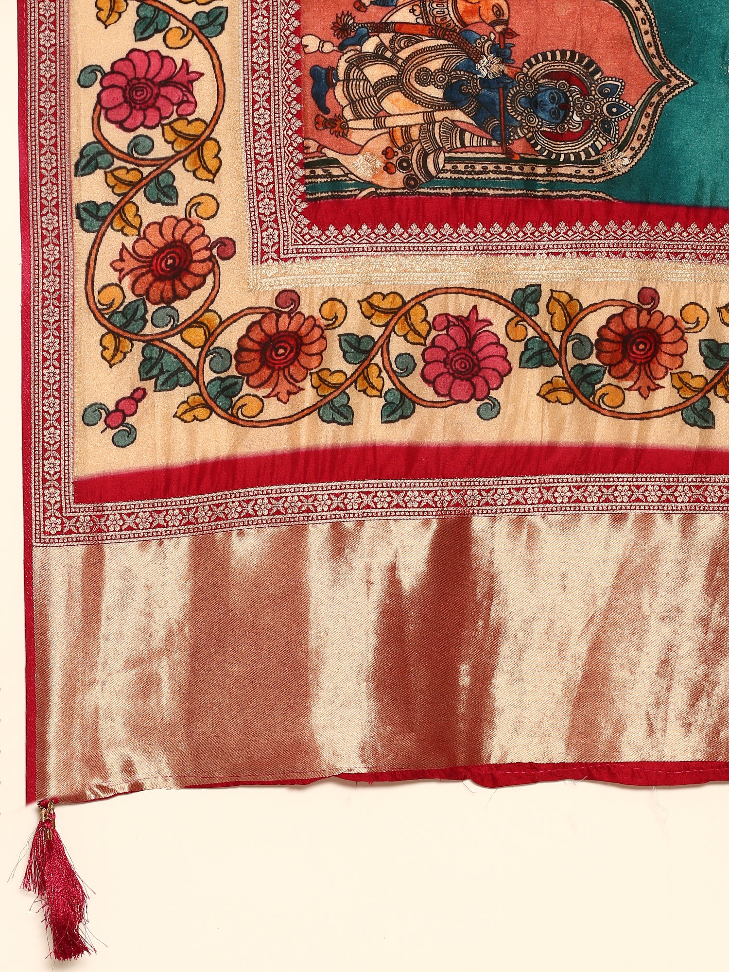 Green Banaras Silk Saree With Kalamkari Printed Border - Image 6