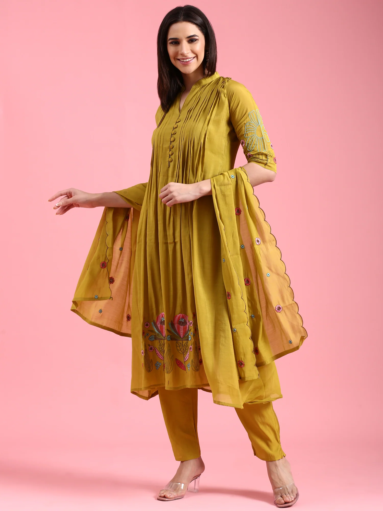Green Chanderi Embroidery Aline Three Piece Suit Set - Image 5