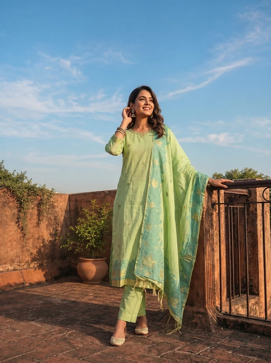 Green Chanderi Silk Maple Leaf Weaved Three Piece Set - Image 2