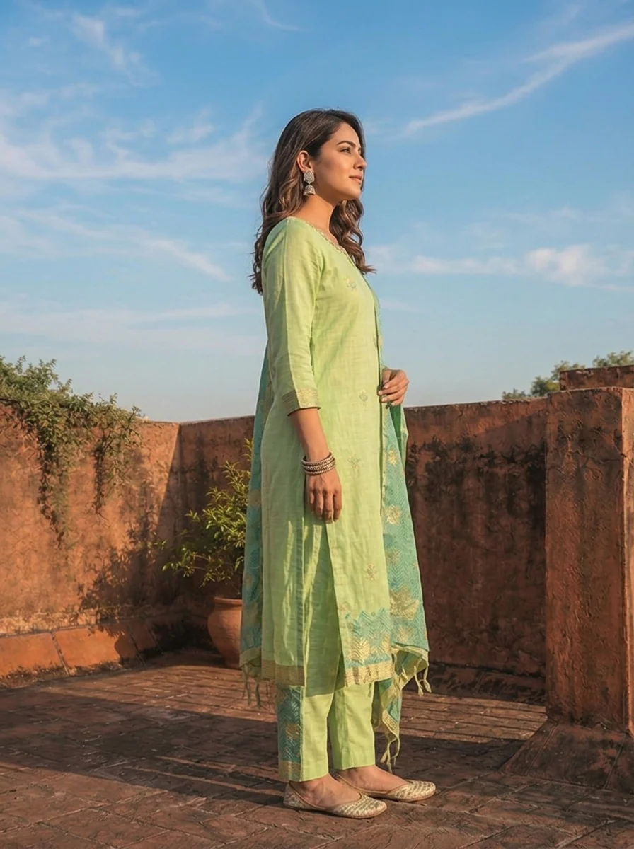 Green Chanderi Silk Maple Leaf Weaved Three Piece Set - Image 3