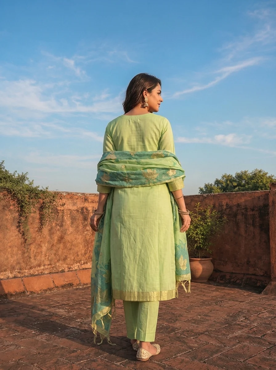 Green Chanderi Silk Maple Leaf Weaved Three Piece Set - Image 5