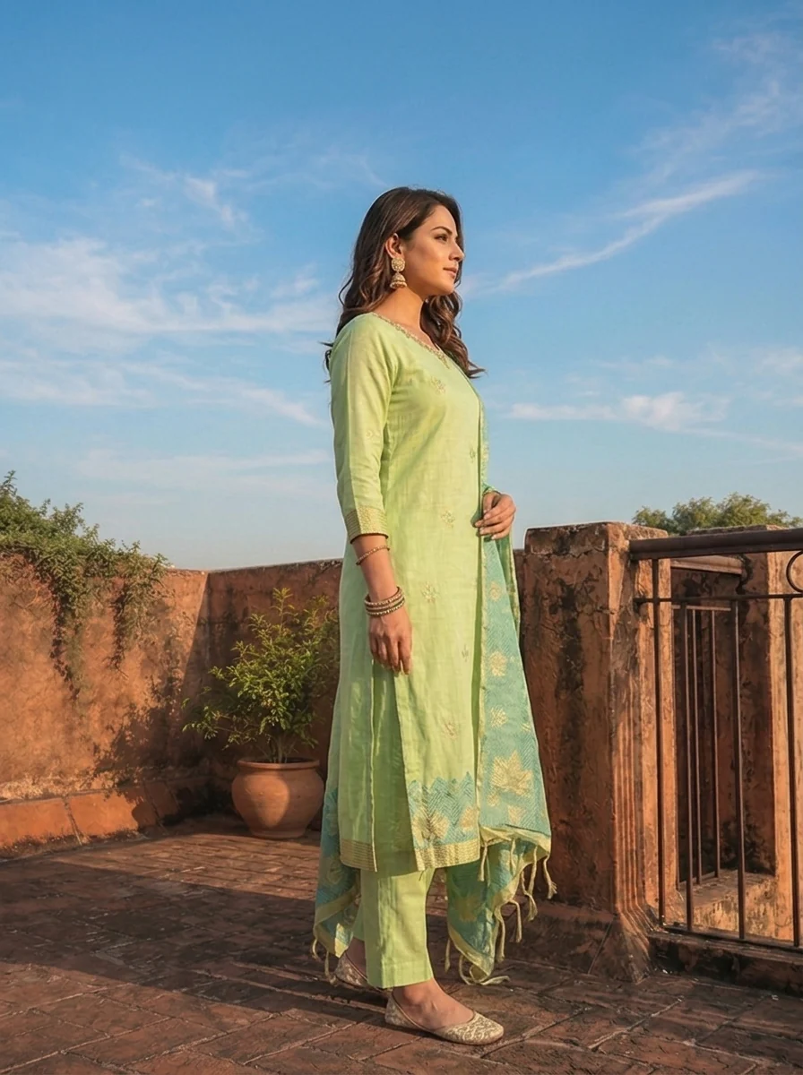 Green Chanderi Silk Maple Leaf Weaved Three Piece Set - Image 6