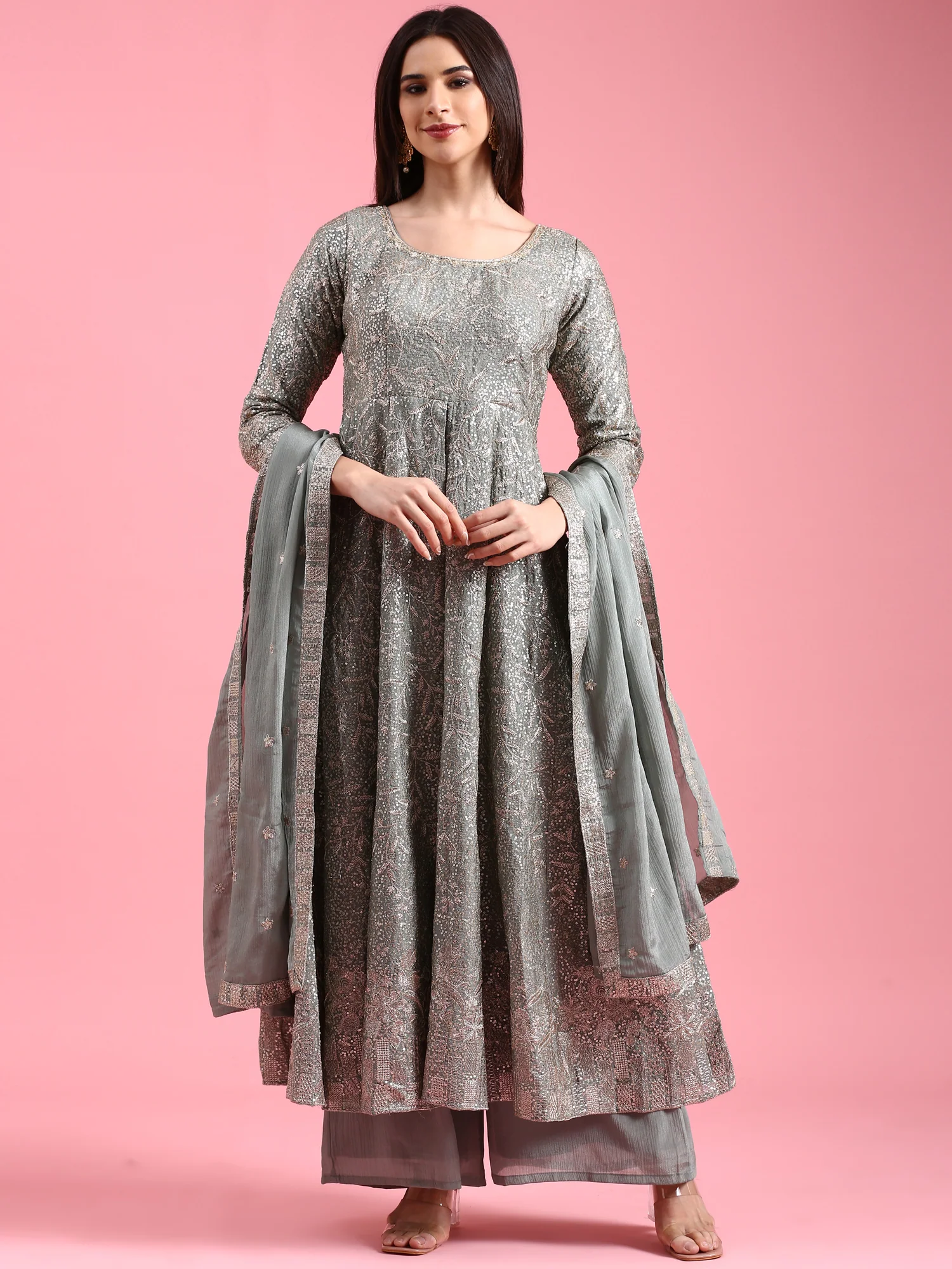 Green Chinon Heavy Embroidered Kali With Palazzo