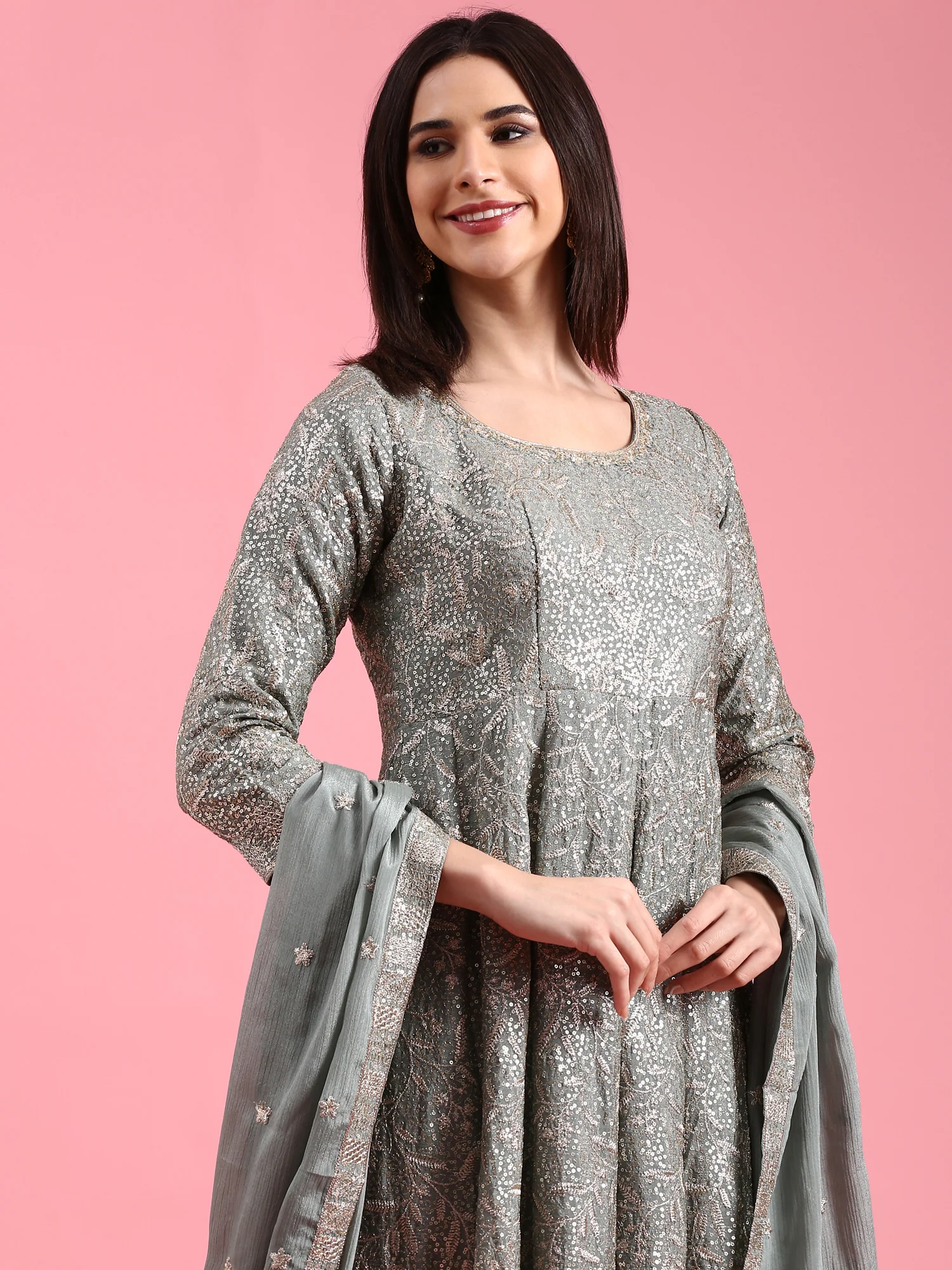 Green Chinon Heavy Embroidered Kali With Palazzo - Image 5
