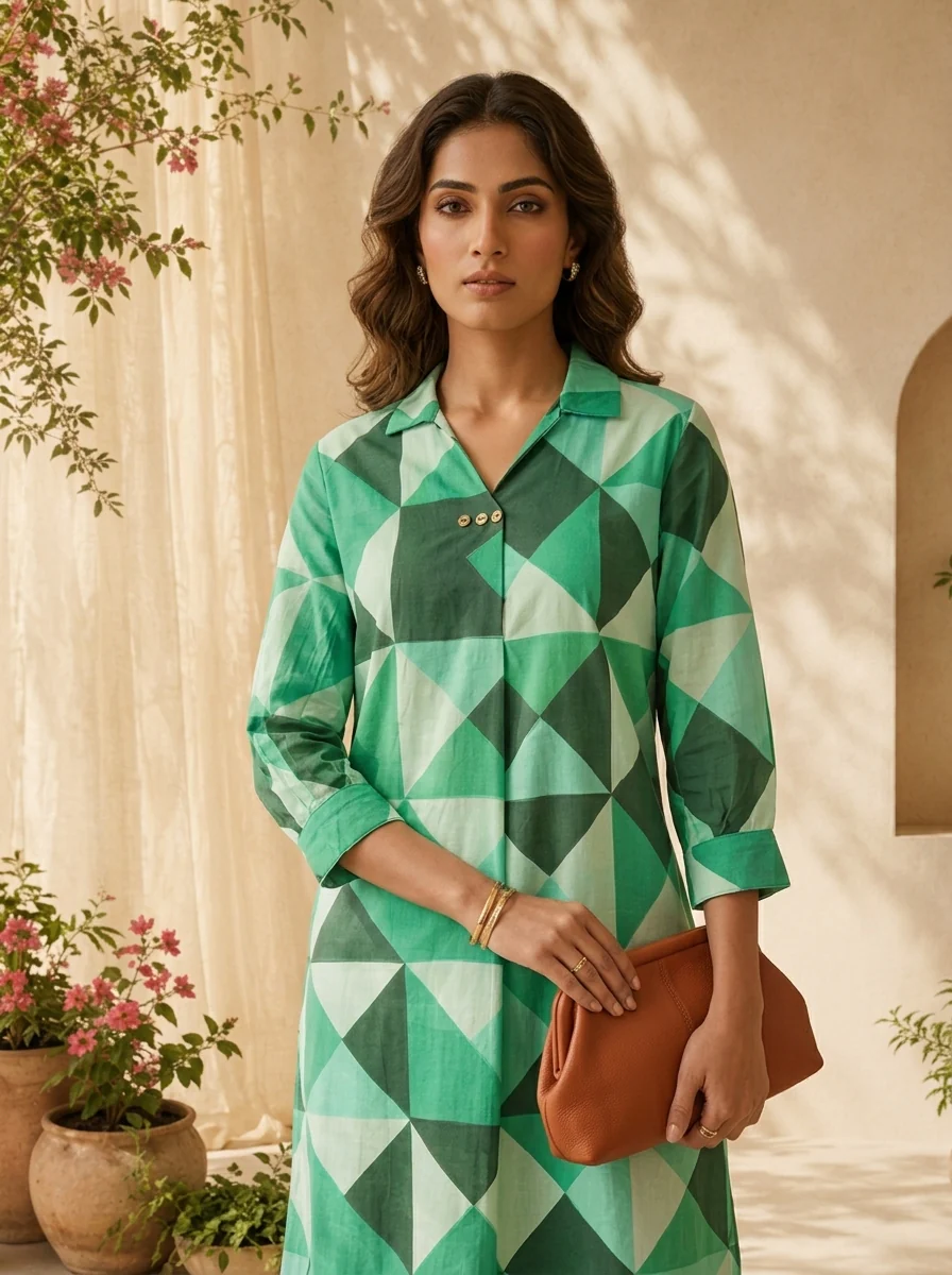 Green Cotton Abstract Printed Two Piece Set - Image 4