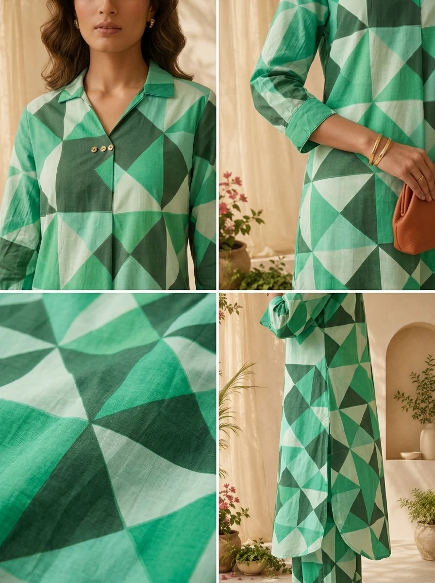 Green Cotton Abstract Printed Two Piece Set - Image 5