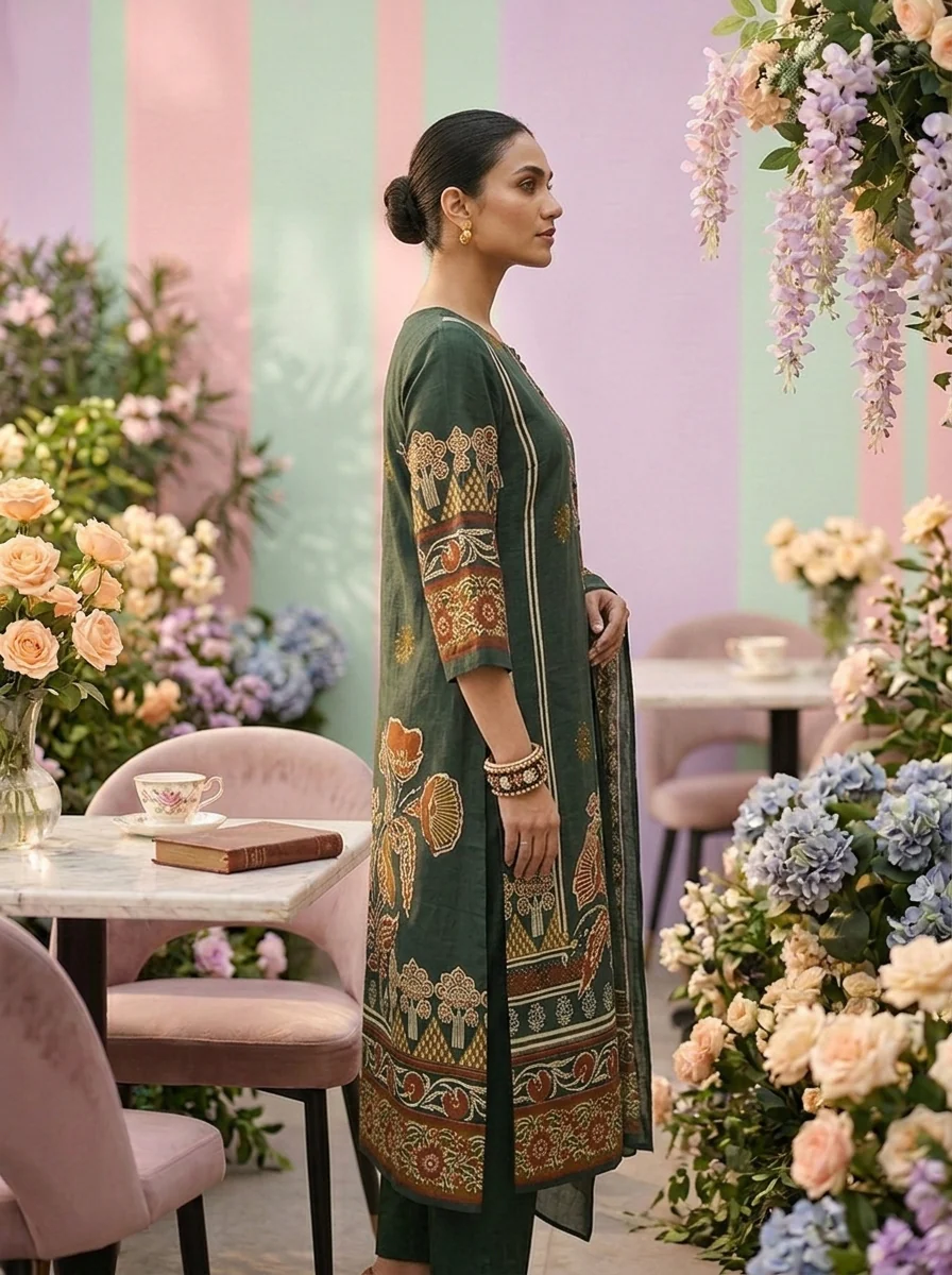 Green Cotton Floral Printed Three Piece Set - Image 4