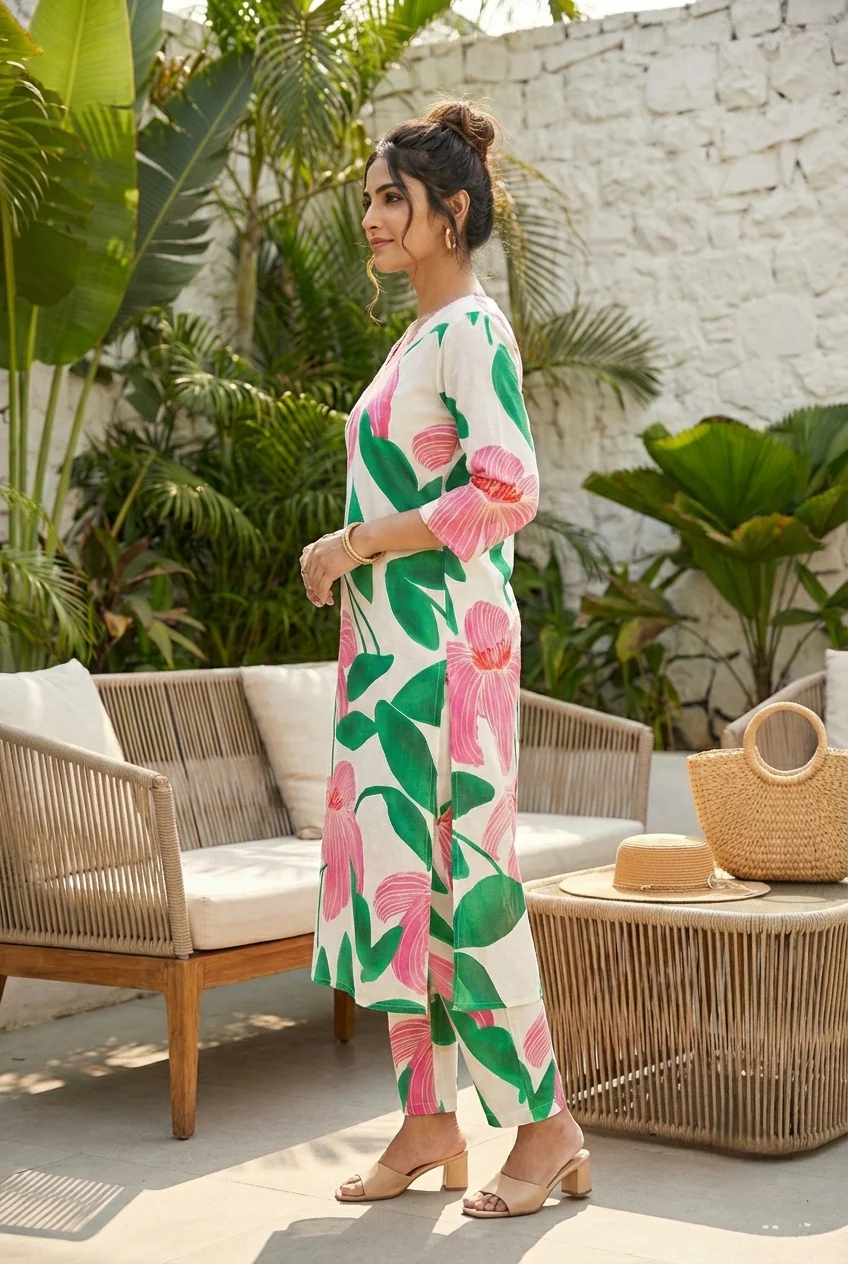 Green Cotton Floral Printed Two Piece Set - Image 2