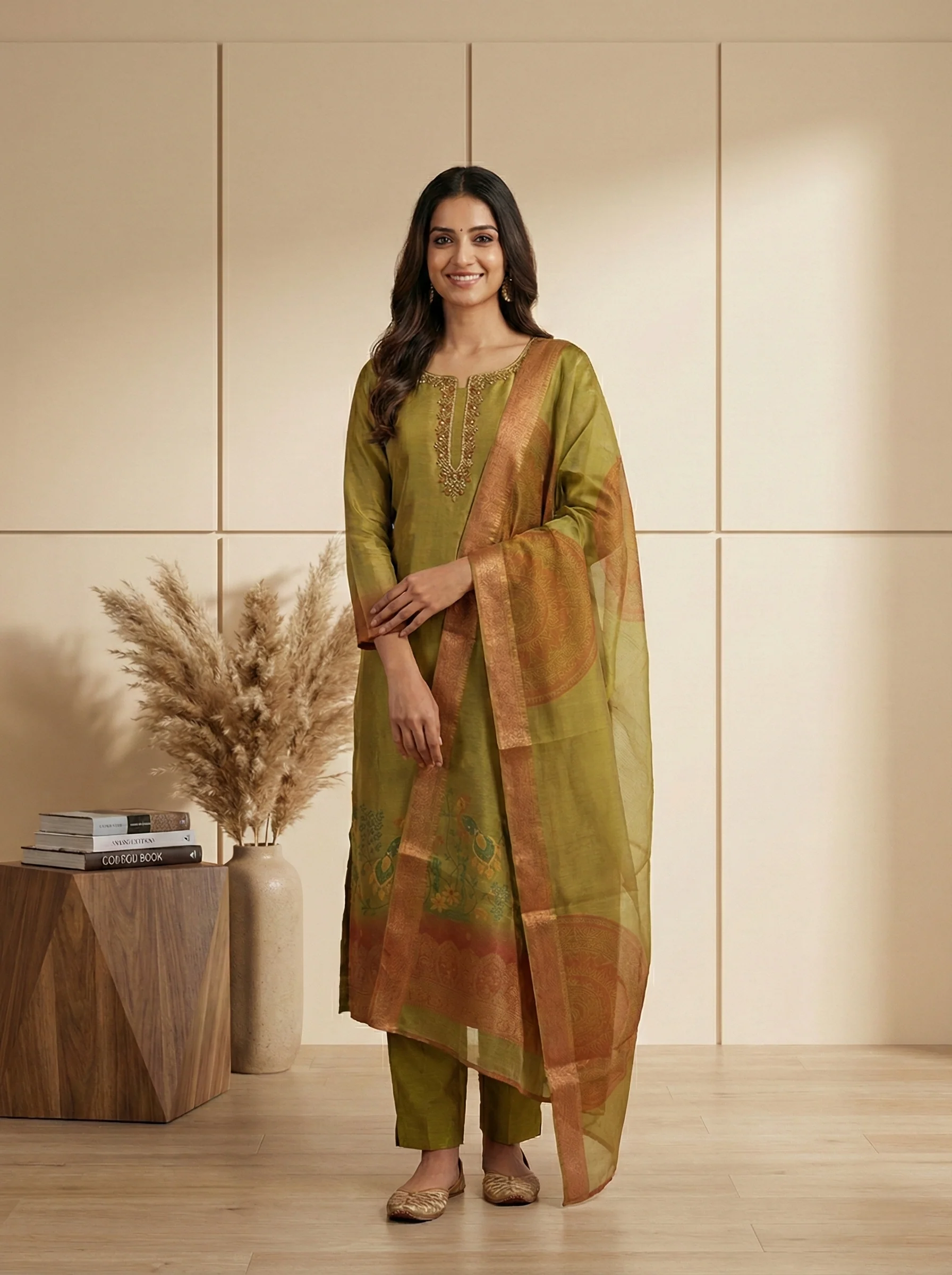 Variyali Green Tissue Printed Three Piece Set