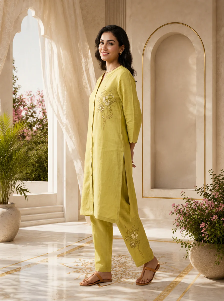 Green Floral Hand Embroidered Linen Two Piece Set - Image 2