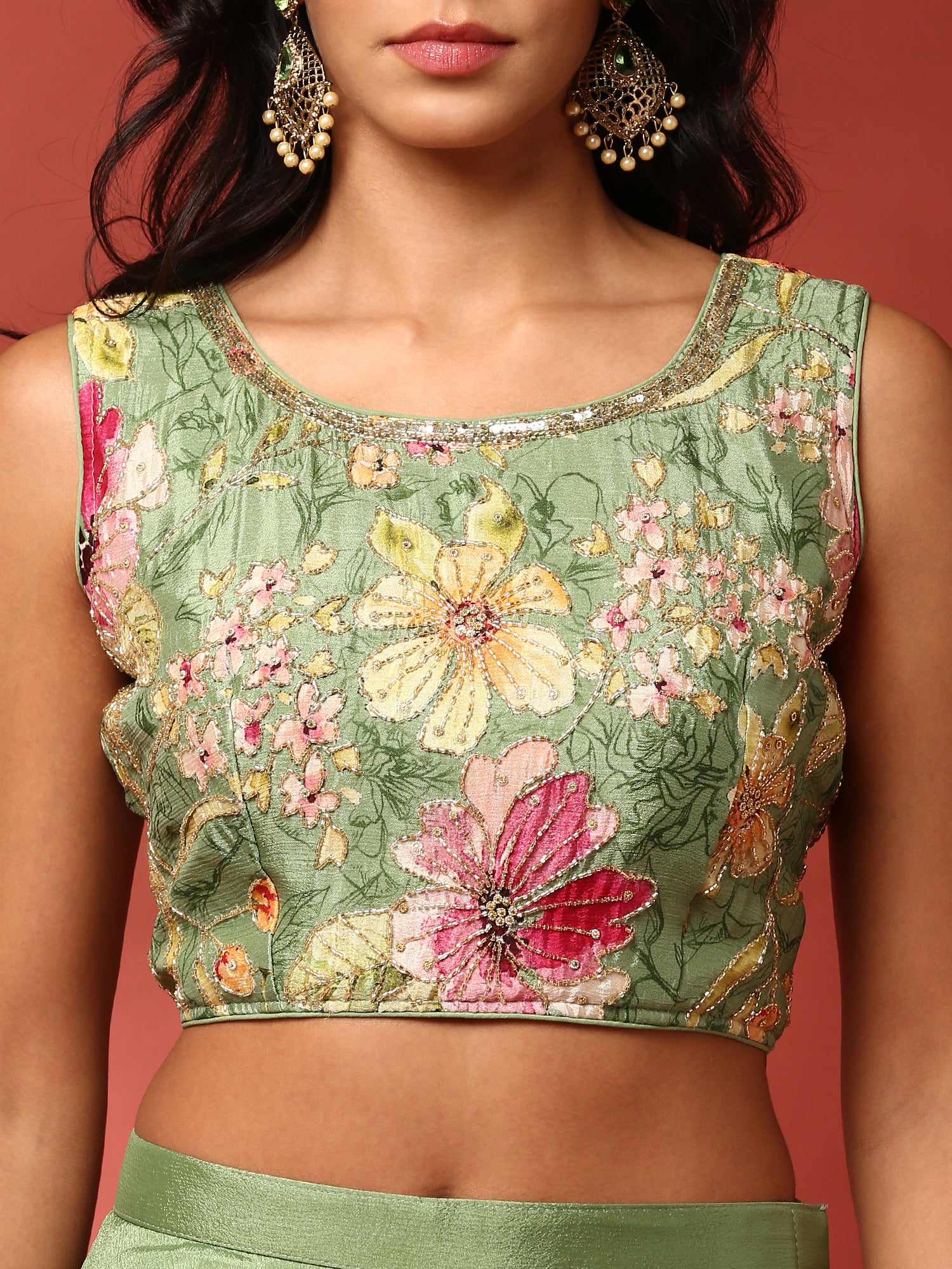 Green floral printed hand embroidered three piece jacket set - Image 4