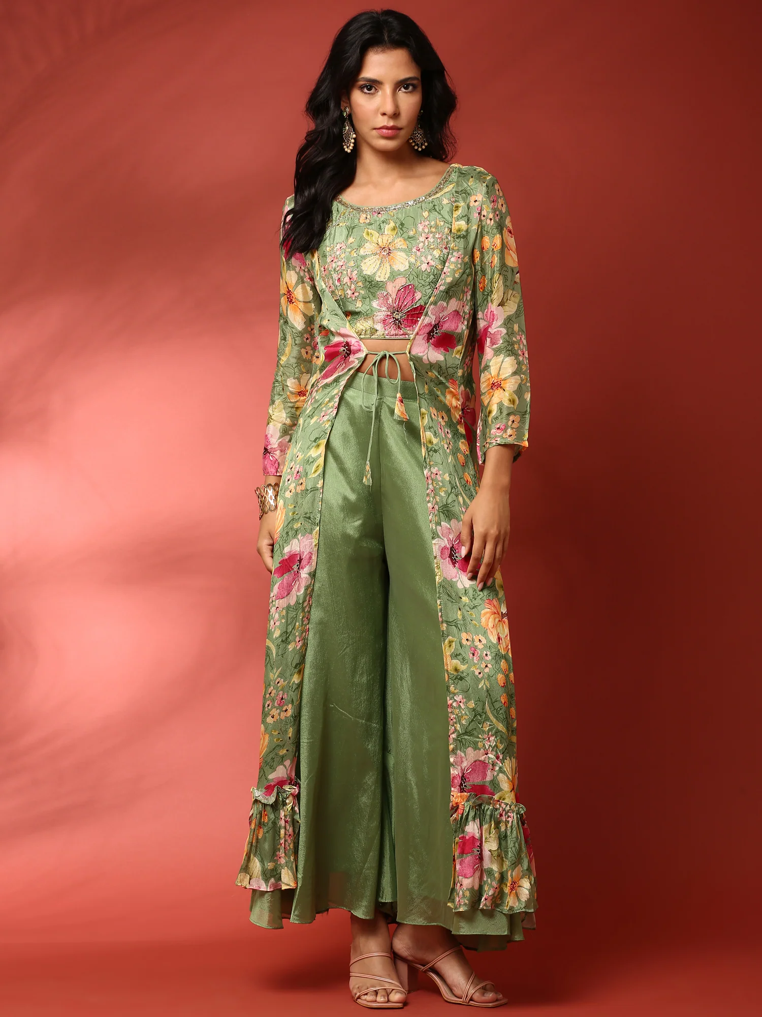 Green floral printed hand embroidered three piece jacket set - Image 5