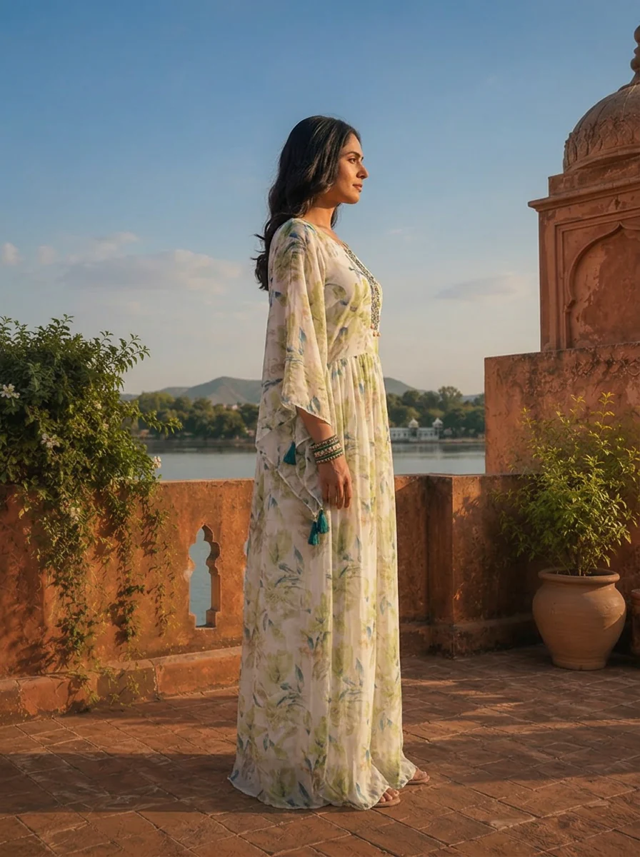 Green Georgette Watercolor Botanical Printed Dress - Image 3