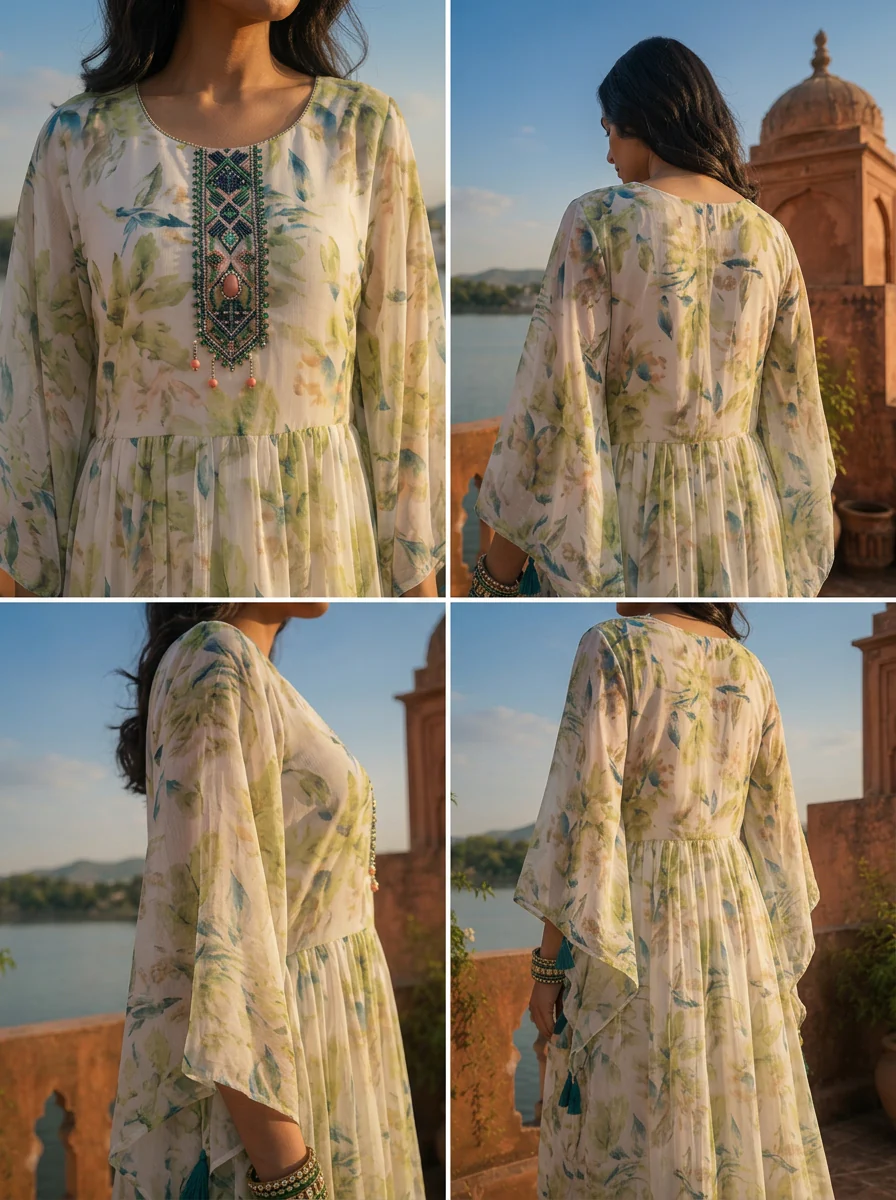 Green Georgette Watercolor Botanical Printed Dress - Image 5