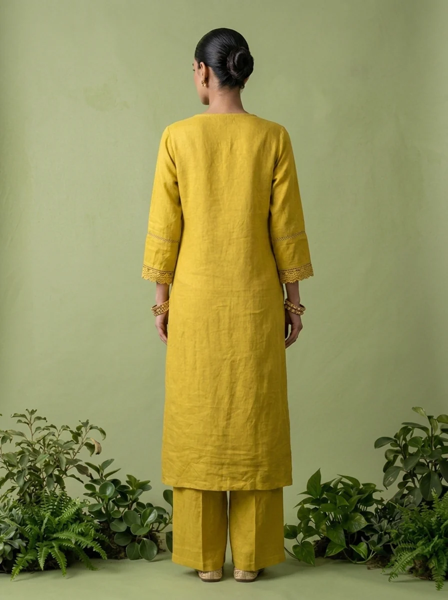 Green Linen Floral Thread Embroidered Two Piece Set - Image 4