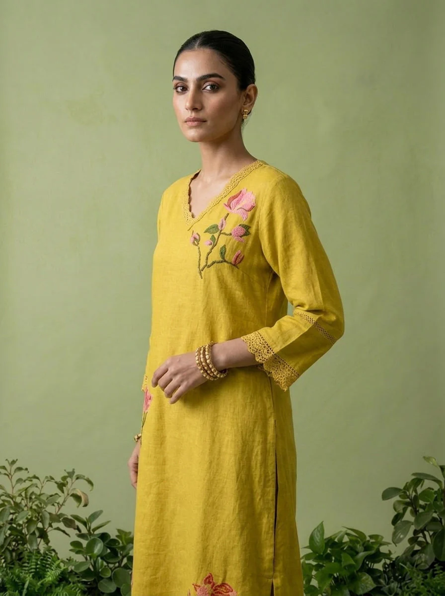 Green Linen Floral Thread Embroidered Two Piece Set - Image 5