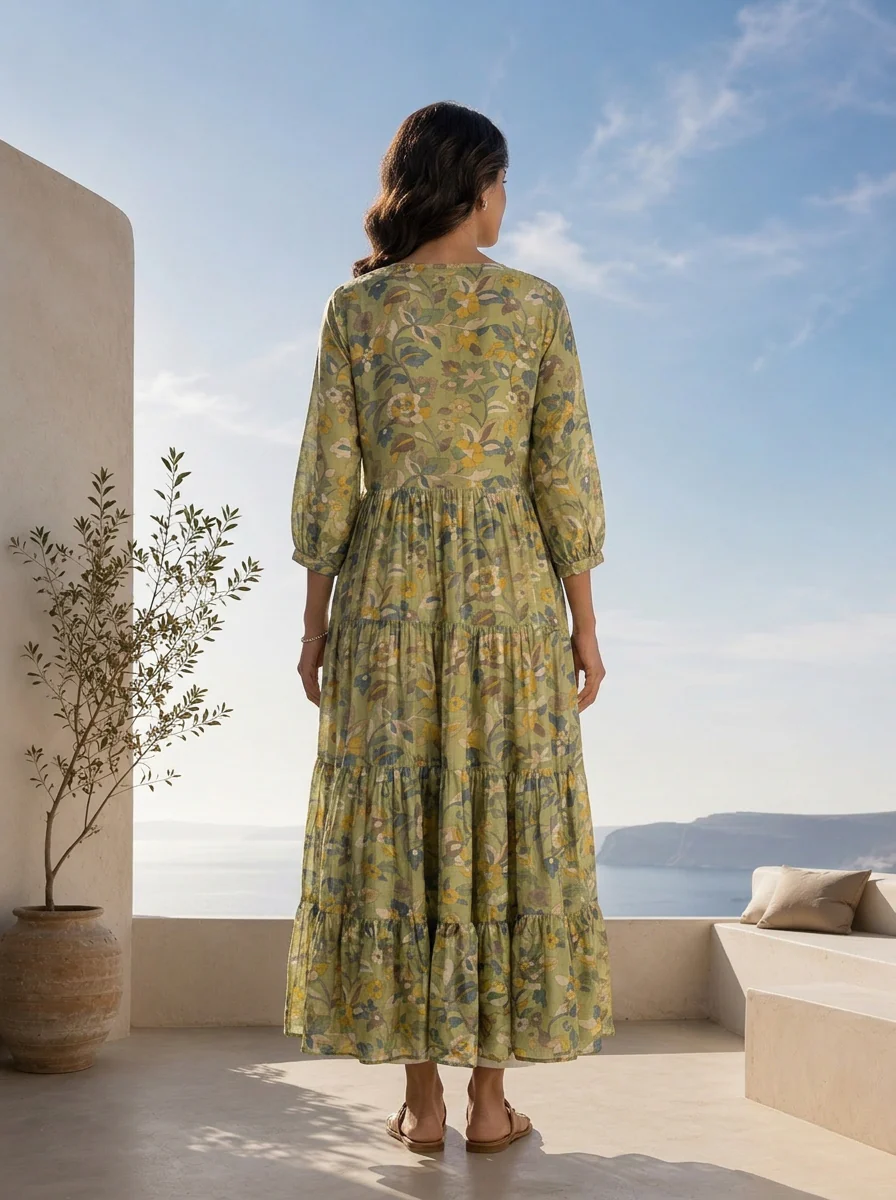 Green Muslin Hand Embroidered And Printed Long Dress - Image 2