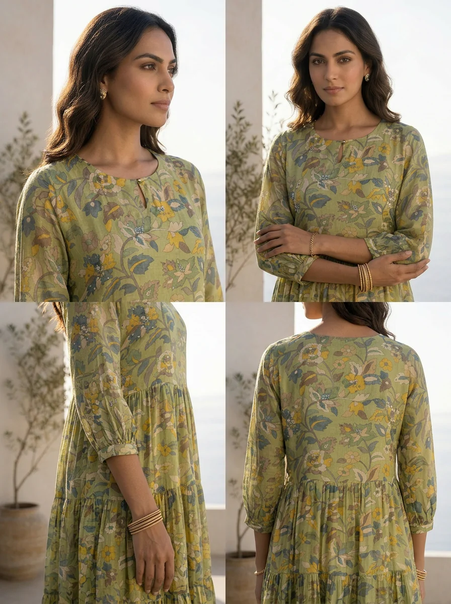 Green Muslin Hand Embroidered And Printed Long Dress - Image 5