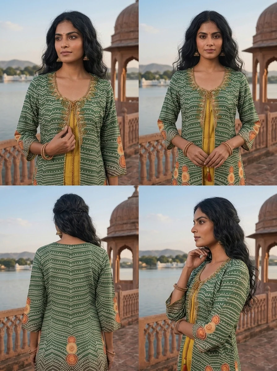 Green Muslin Ombre Bandhani Printed Dress - Image 5