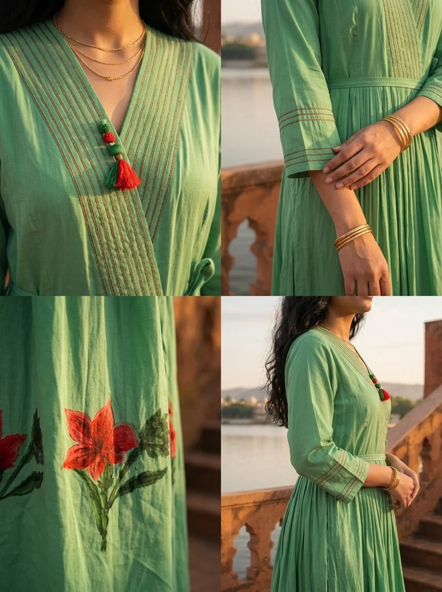 Green Muslin Pintuck Floral Embroidered Dress - Image 5