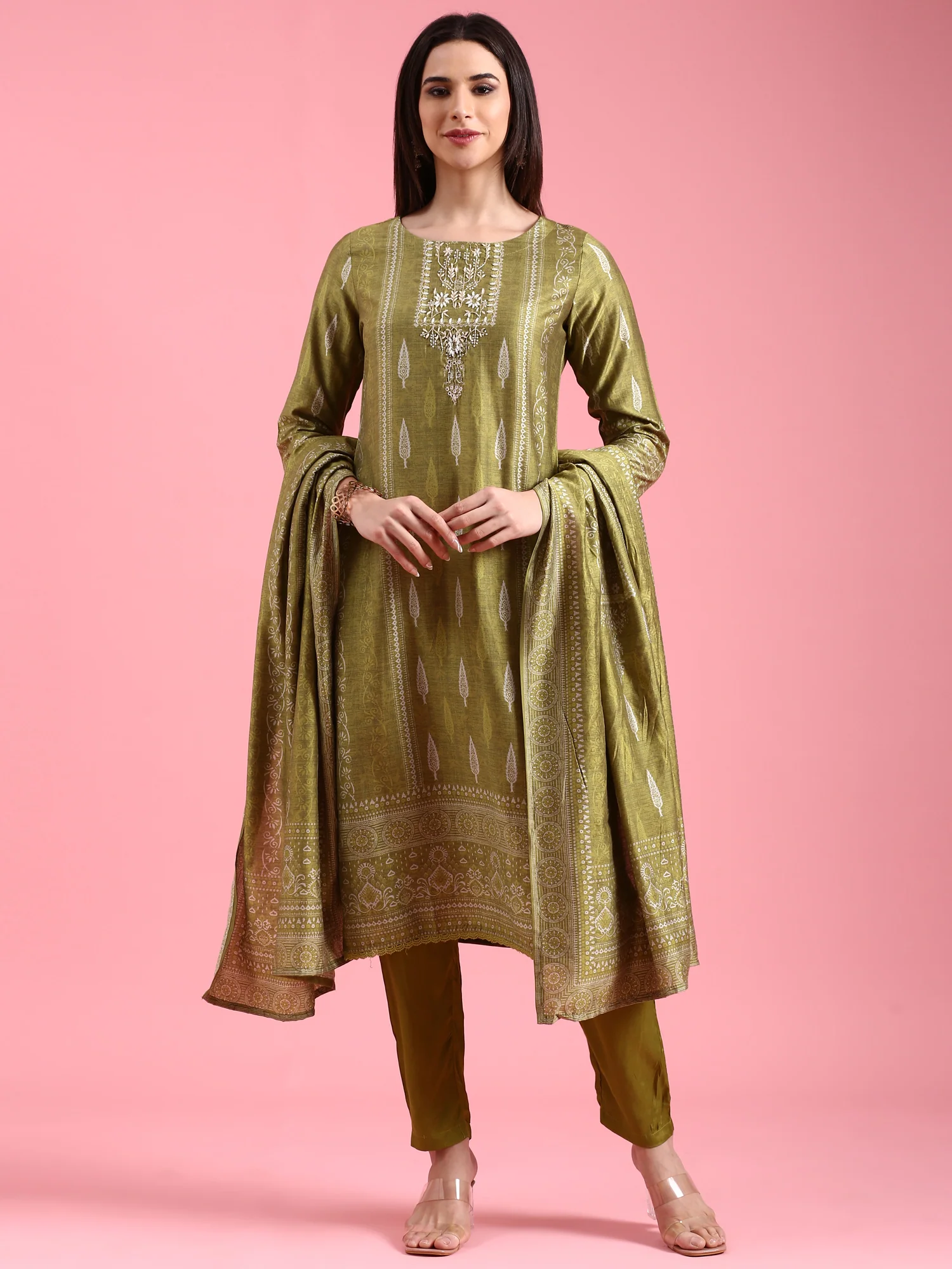 Green Organza Printed Embroidered Three Piece Set - Image 2