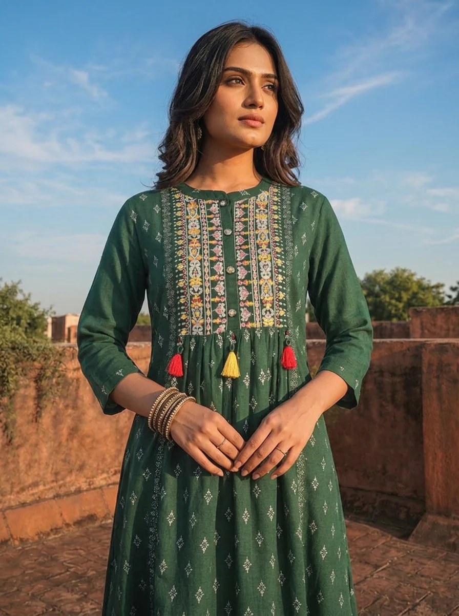 Green Rayon Diamond Butti Printed Dress - Image 4