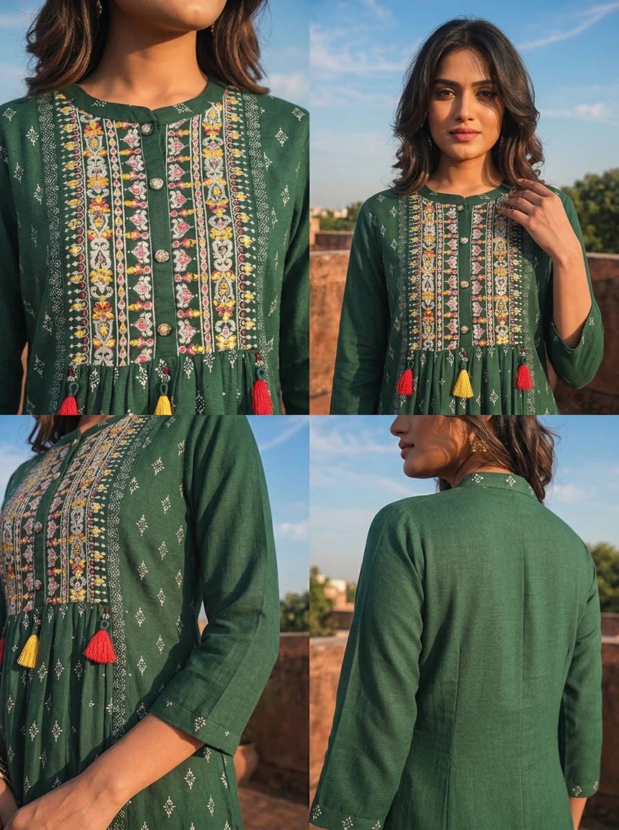 Green Rayon Diamond Butti Printed Dress - Image 5