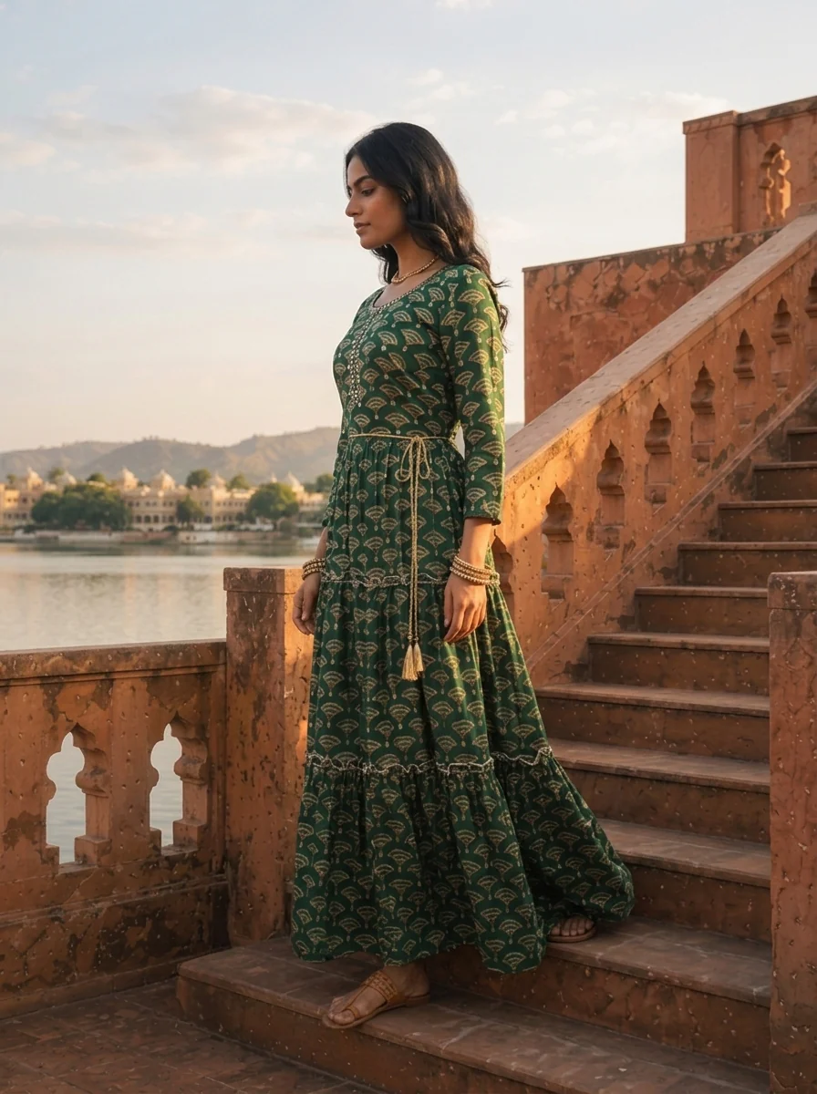 Green Rayon Fan-Shaped Architectural Motifs Printed Dress - Image 3