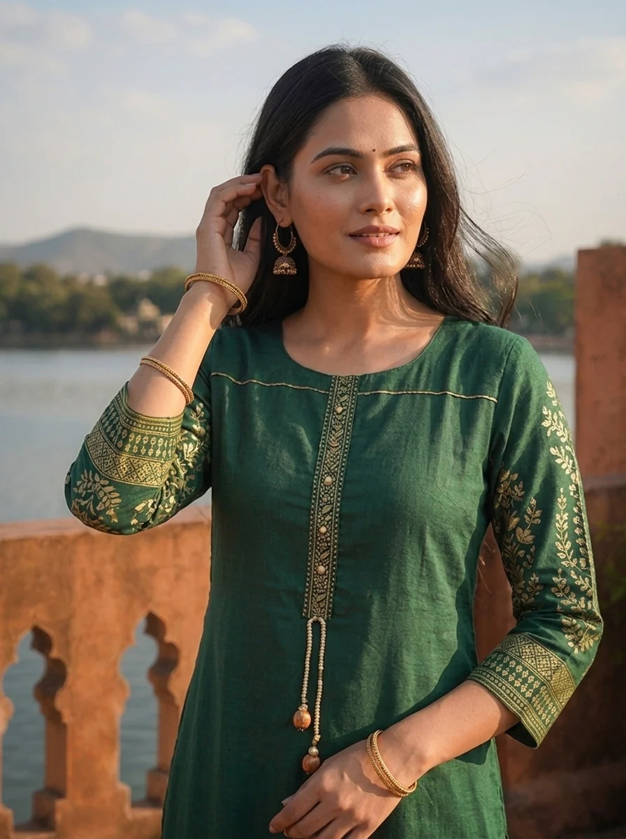 Green Rayon Floral Motifs Printed Kurta - Image 4